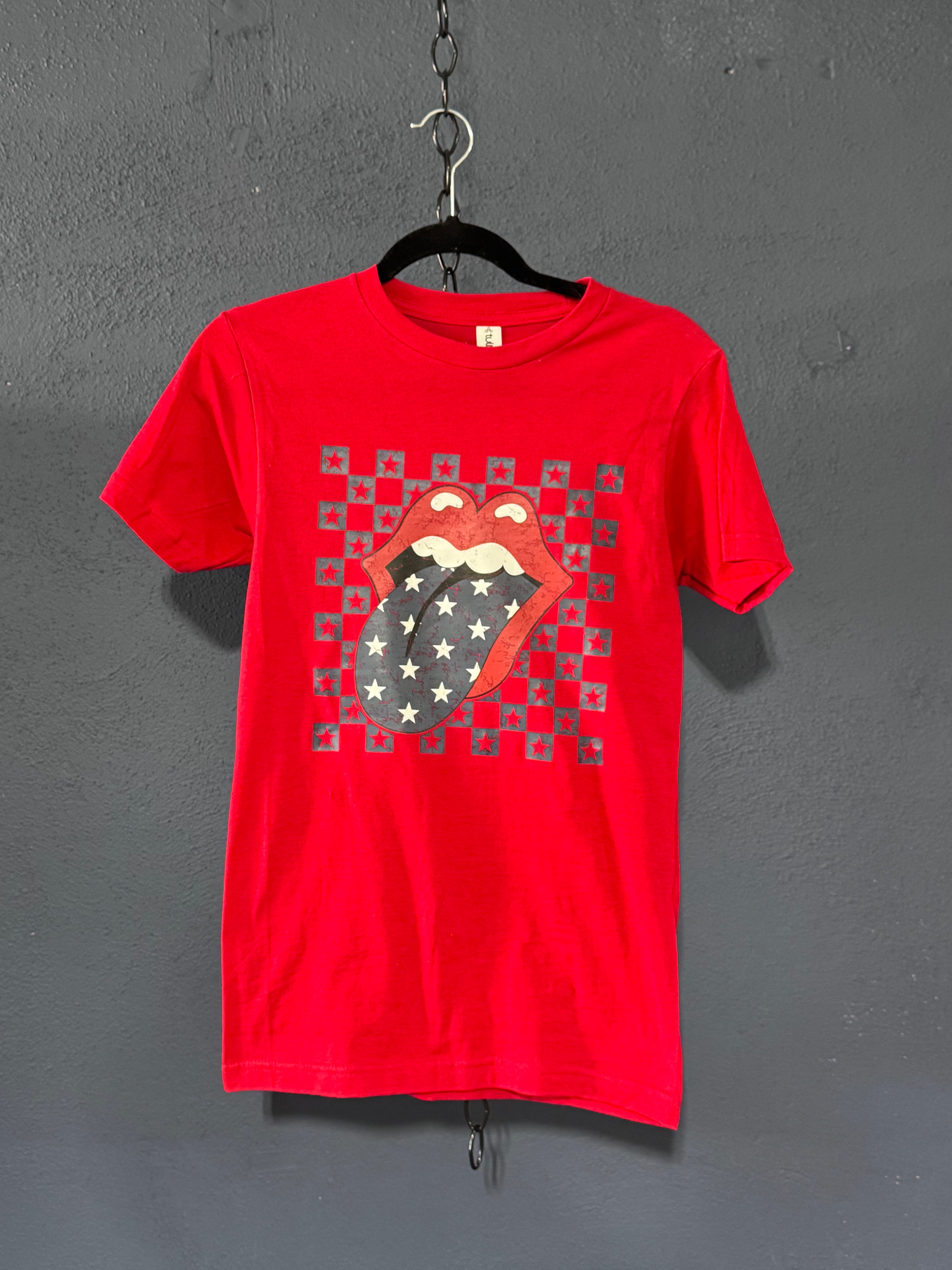 Rock Star Red Graphic Tee – Unisex XS – Retro Tongue & Stars Shirt