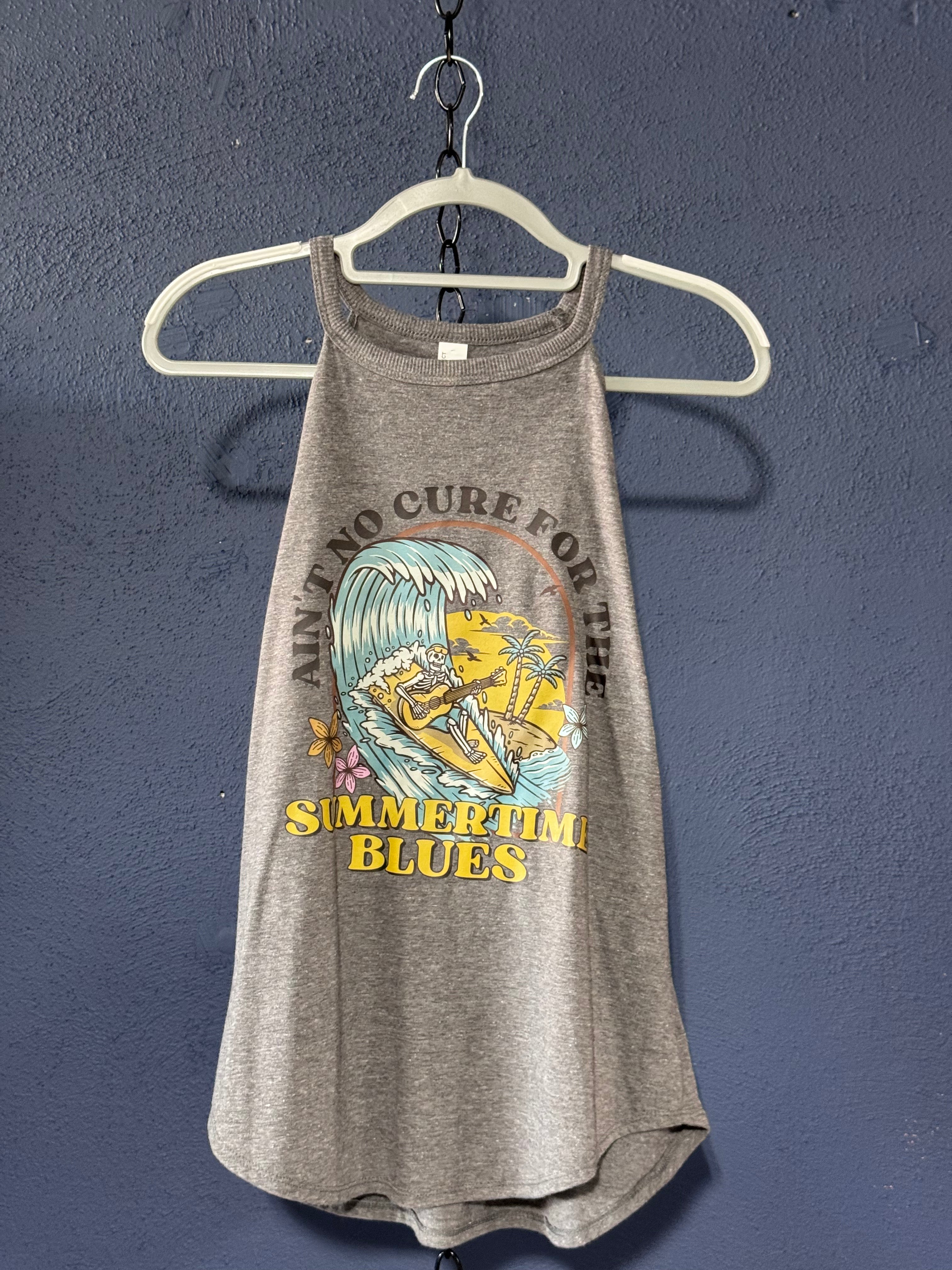 Summertime Blues Grey Graphic Tank Top – Women’s Small – Surfing Skeleton Summer Tank