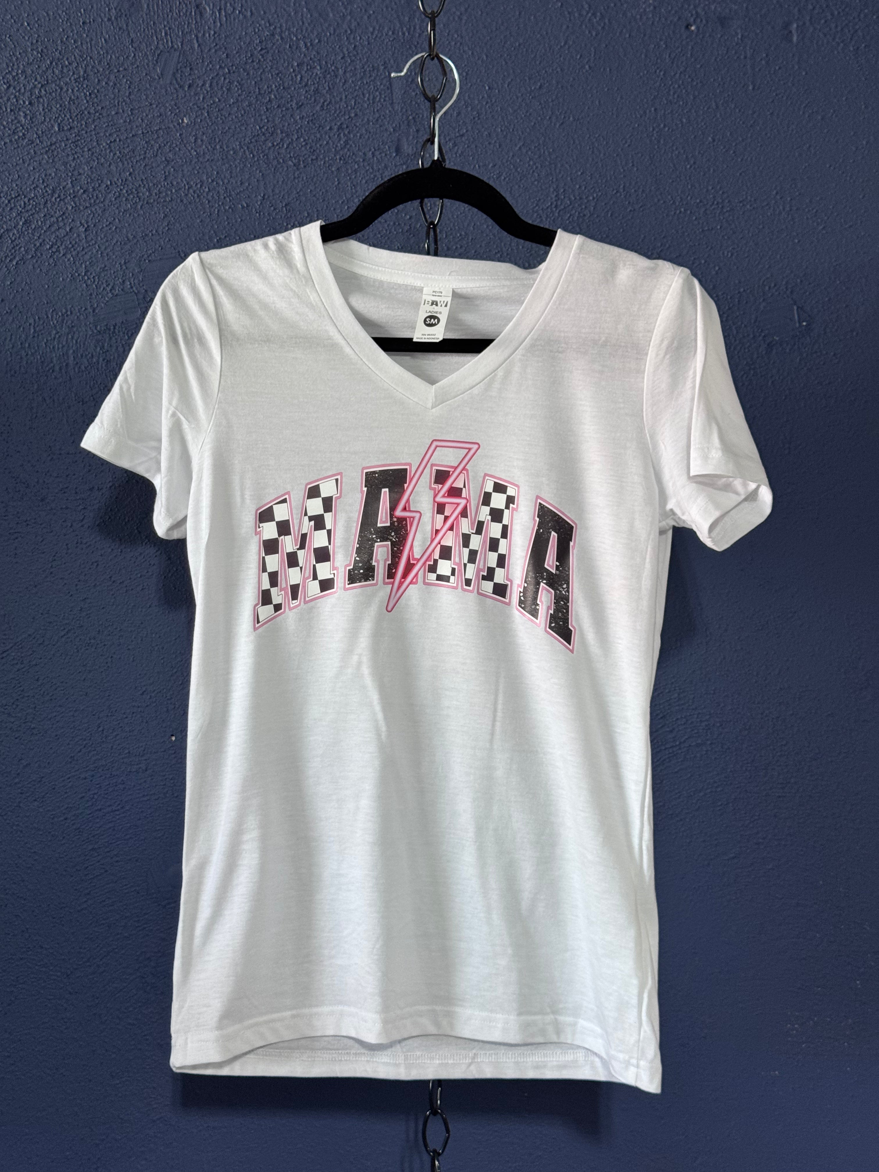 Mama Lightning Bolt Graphic T-Shirt – White Women’s Small – Retro Checkered Mama Tee