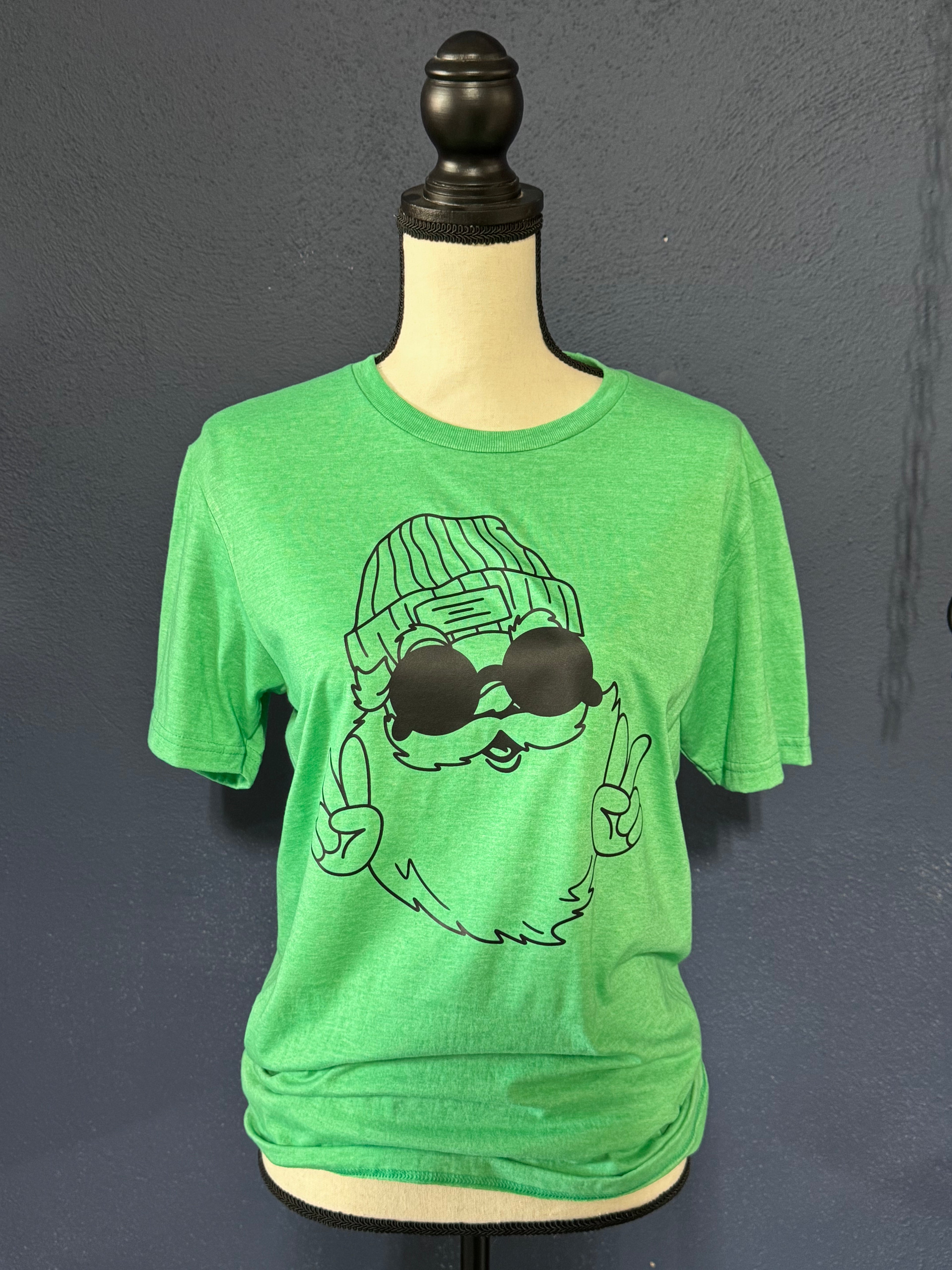 Peace Sign Santa Graphic T-Shirt – Bright Green Unisex Small – Funny Christmas Holiday Tee