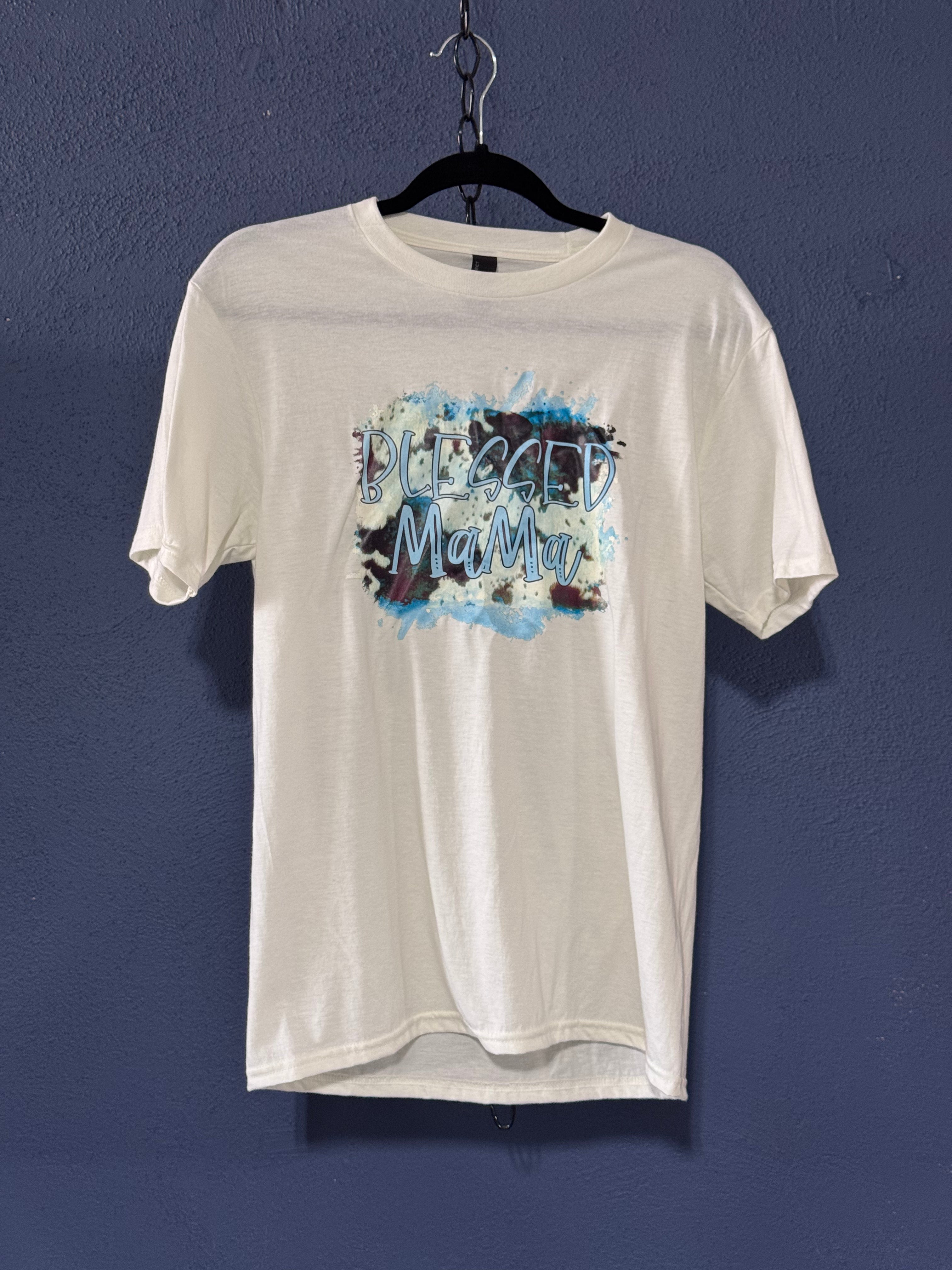 Blessed Mama Western Graphic T-Shirt – White Unisex Tee – Turquoise Cow Print Mama Shirt