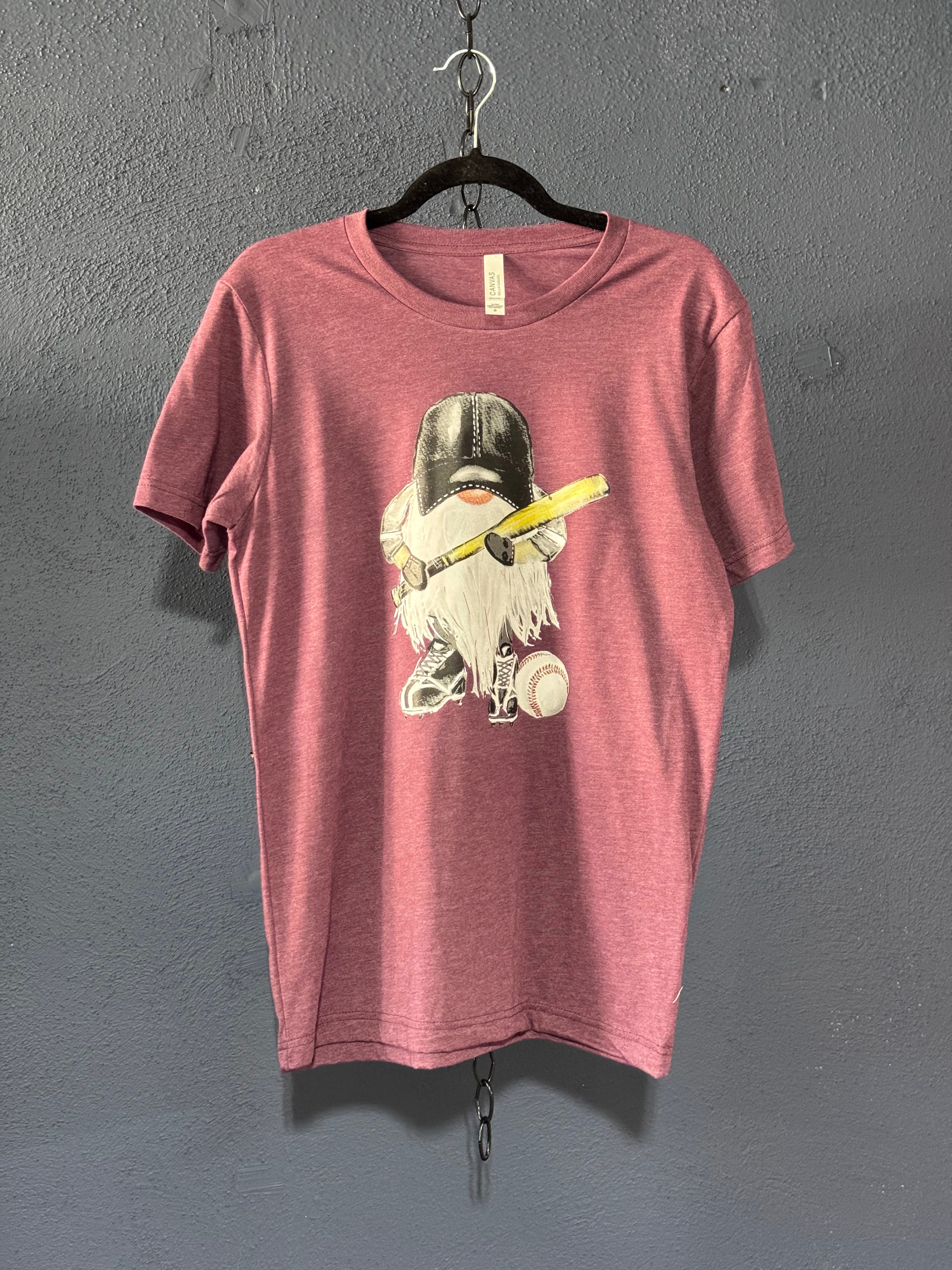 Baseball Gnome Graphic T-Shirt – Maroon Unisex Medium – Funny Baseball Fan Tee