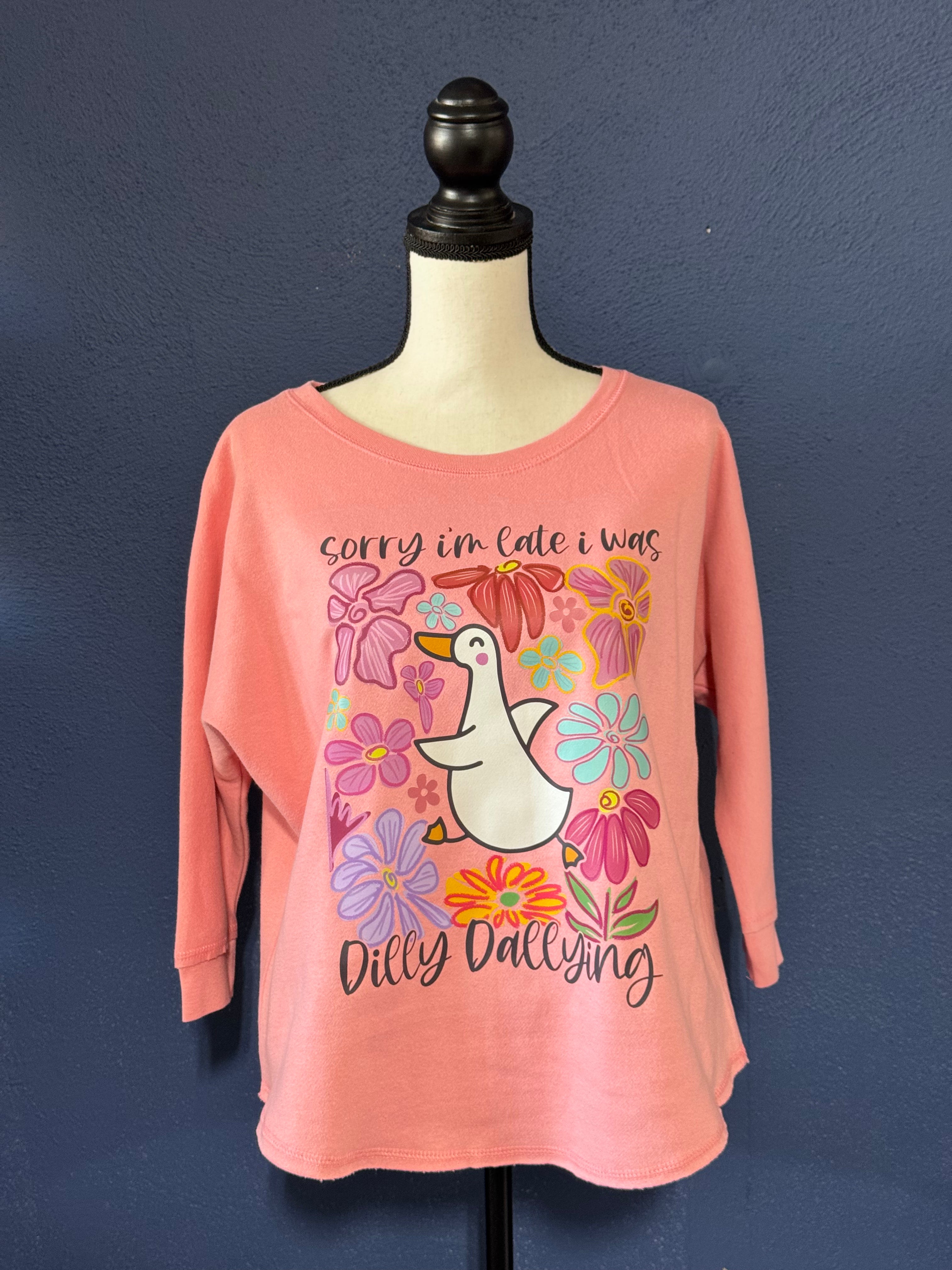 Sorry I’m Late I Was Dilly Dallying Duck Crewneck – Pink Women’s Medium – Cute Duck Graphic Crewneck