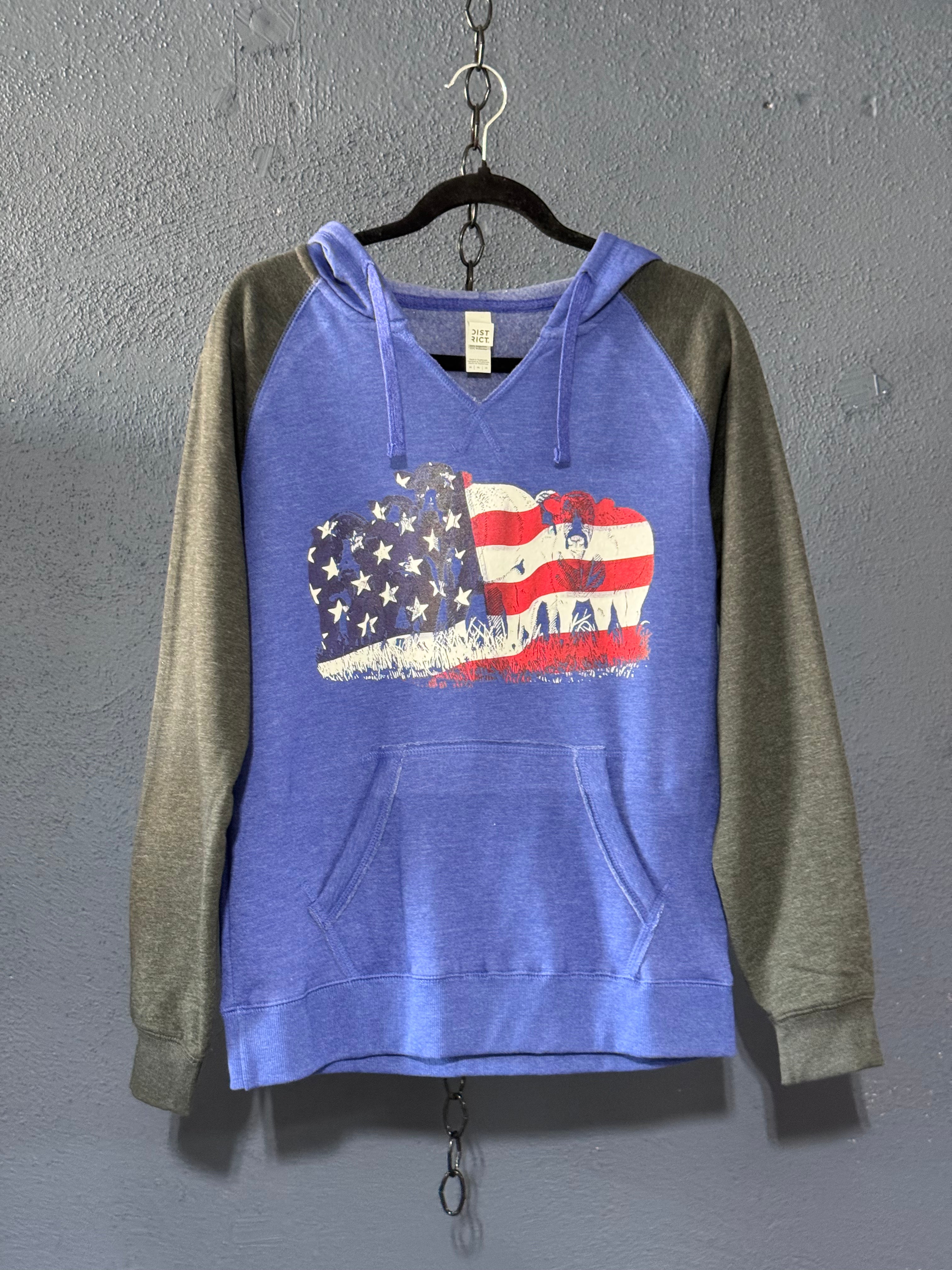 Patriotic Cows V-Neck Hoodie – Blue & Grey Women's Large – American Flag Cow Graphic