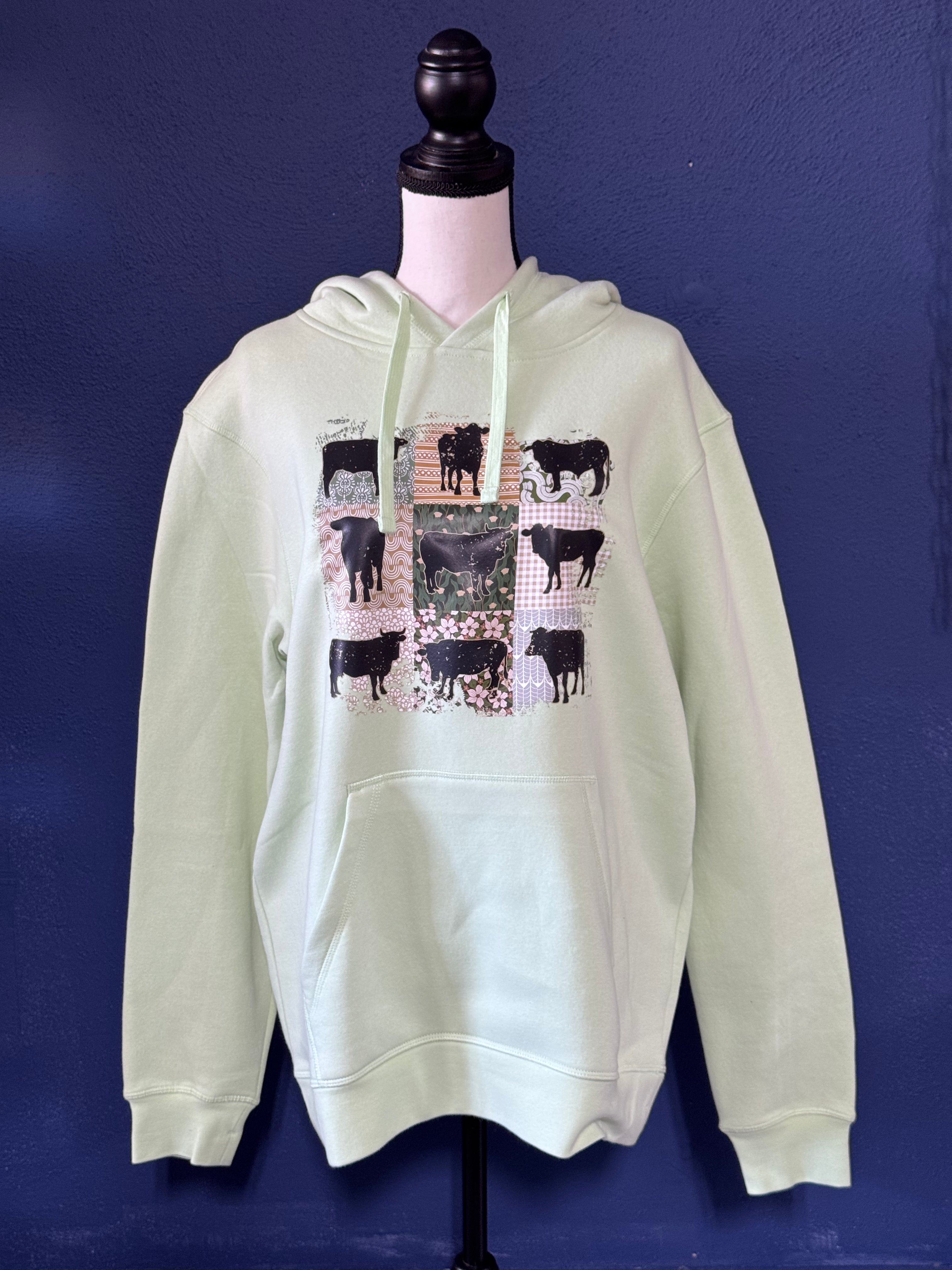 Patchwork Cow Graphic Hoodie – Lime Green/Sage Unisex Medium – Western Quilt Style Hoodie