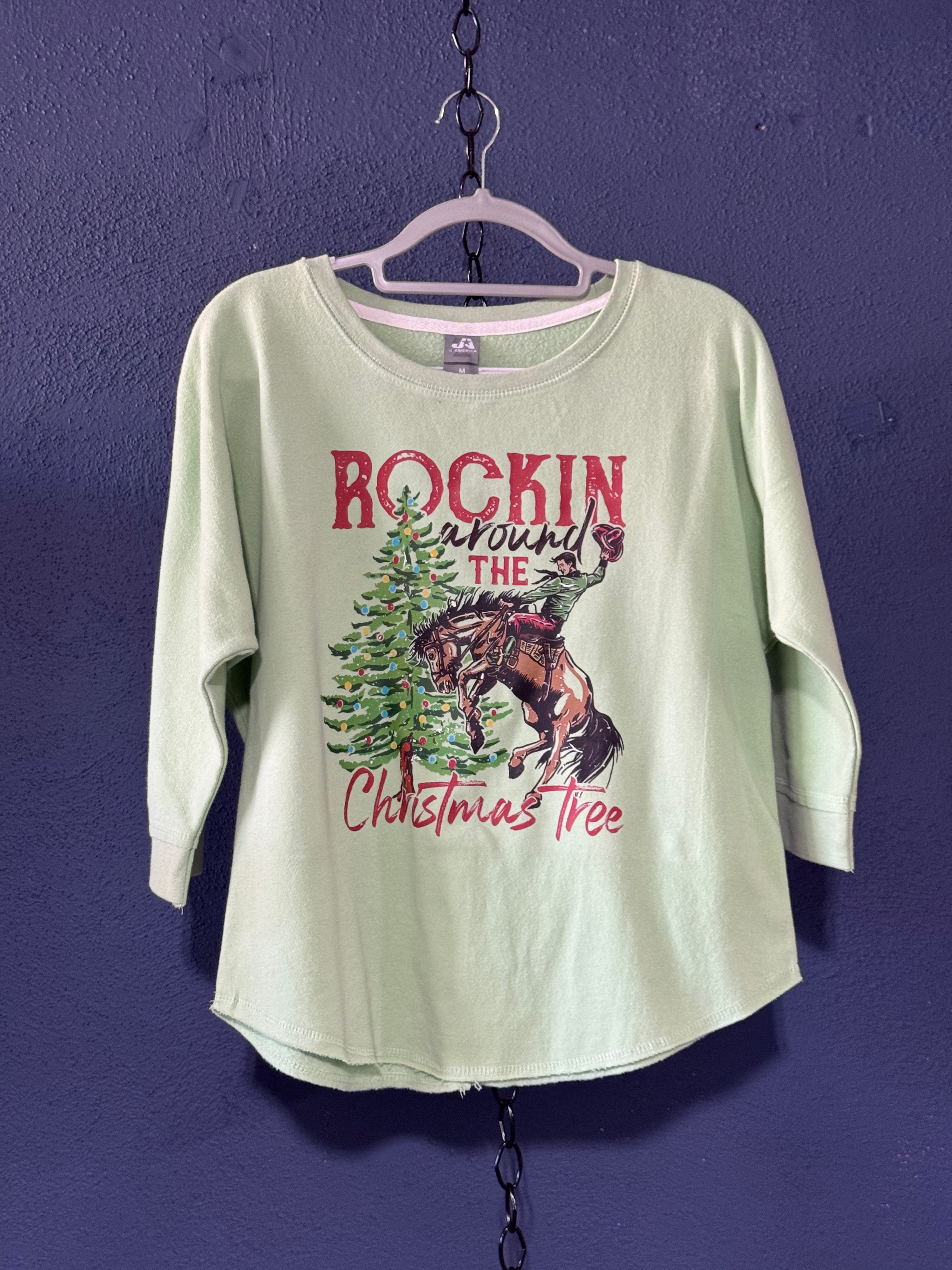 Rocking Around the Christmas Tree Graphic Crewneck – Soft Green Women’s Medium – Retro Western Christmas Crewneck