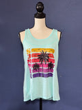 Summer Retro Sunset Graphic Tank – Mint Green Women’s Large – Bright Summery Palm Tree Tee