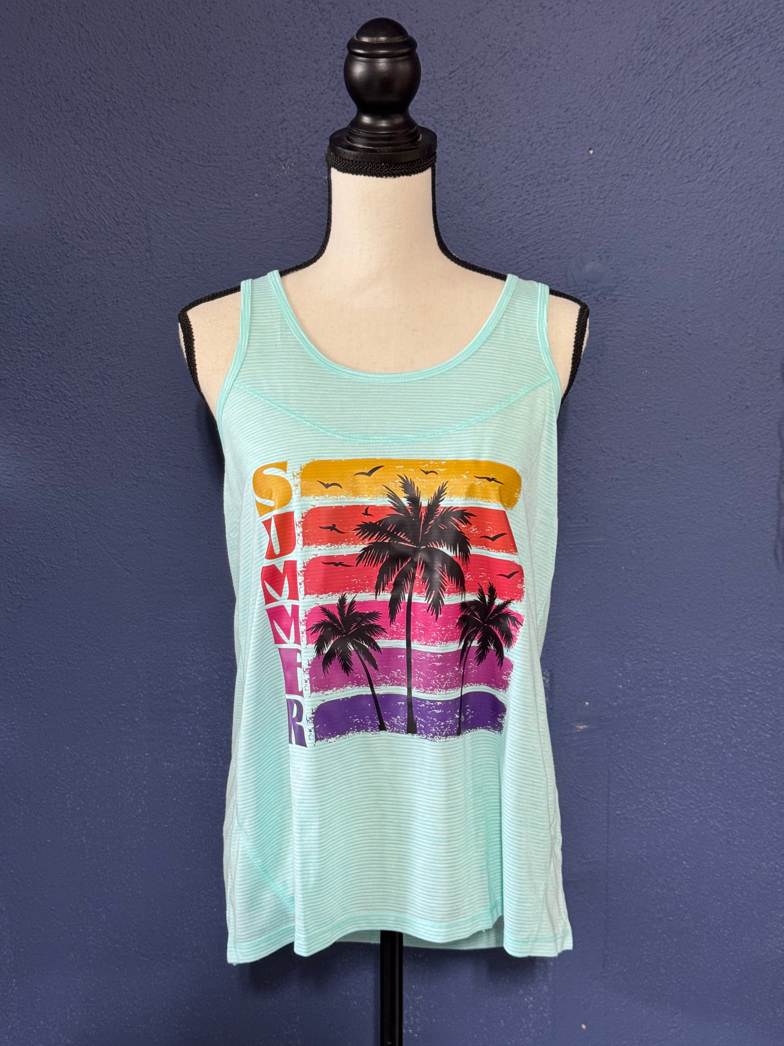 Summer Retro Sunset Graphic Tank – Mint Green Women’s Large – Bright Summery Palm Tree Tee