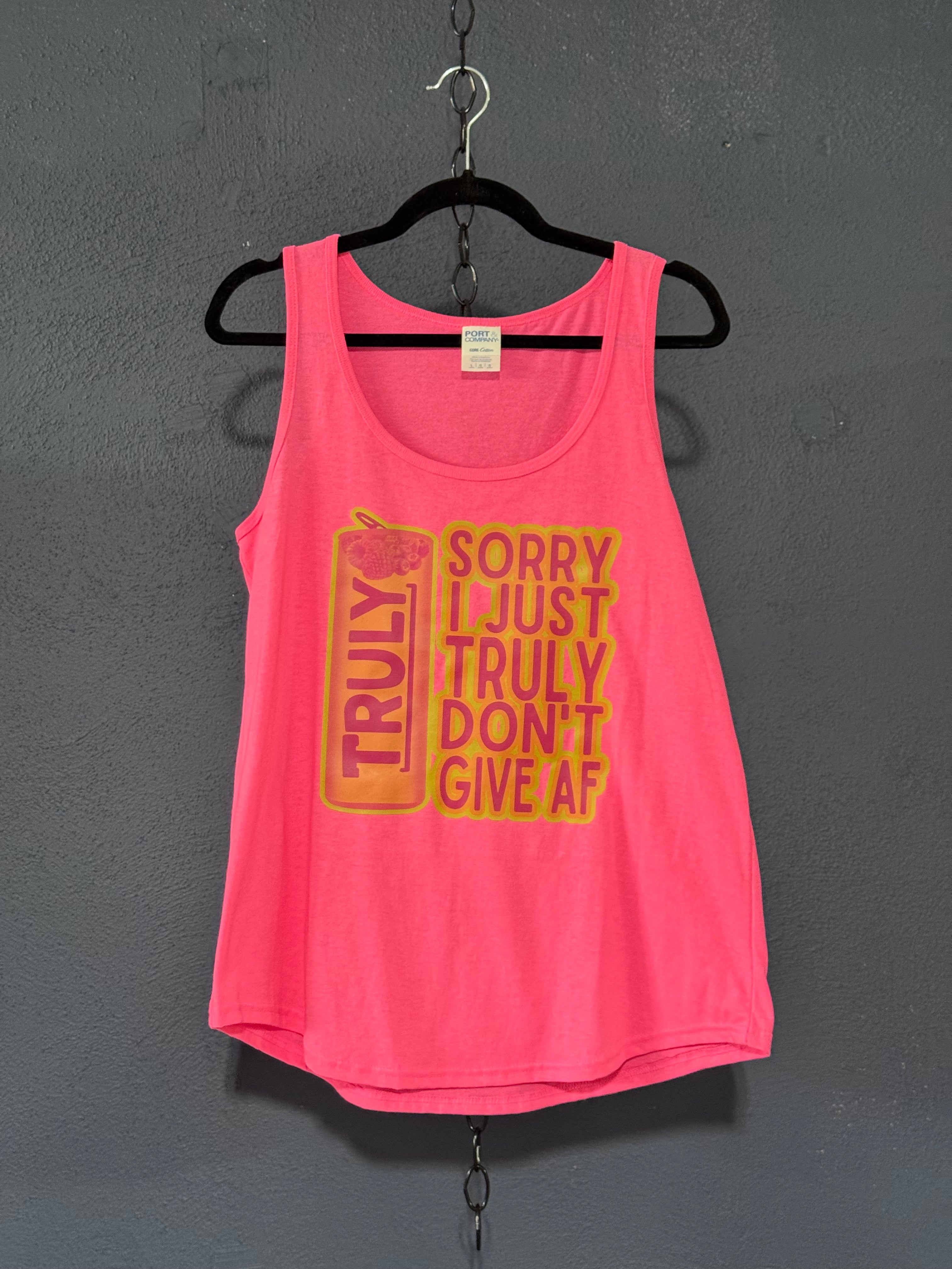 Sorry I Truly Don’t Give AF Graphic Tank – Hot Pink Women’s Large – Funny Summer Drink Tee
