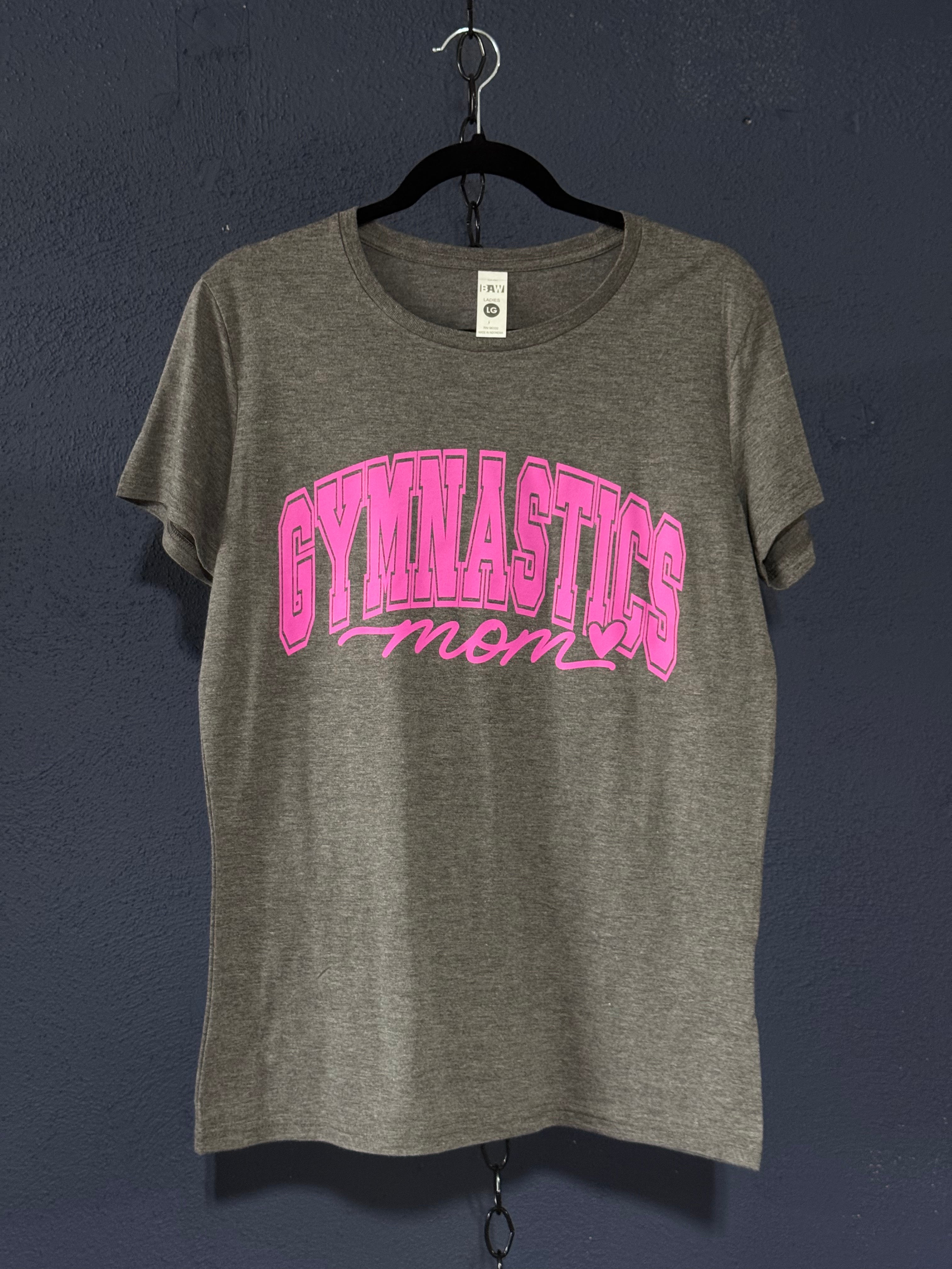 Gymnastics Mom Graphic T-Shirt – Grey Women’s Large – Cute Pink Heart Tee