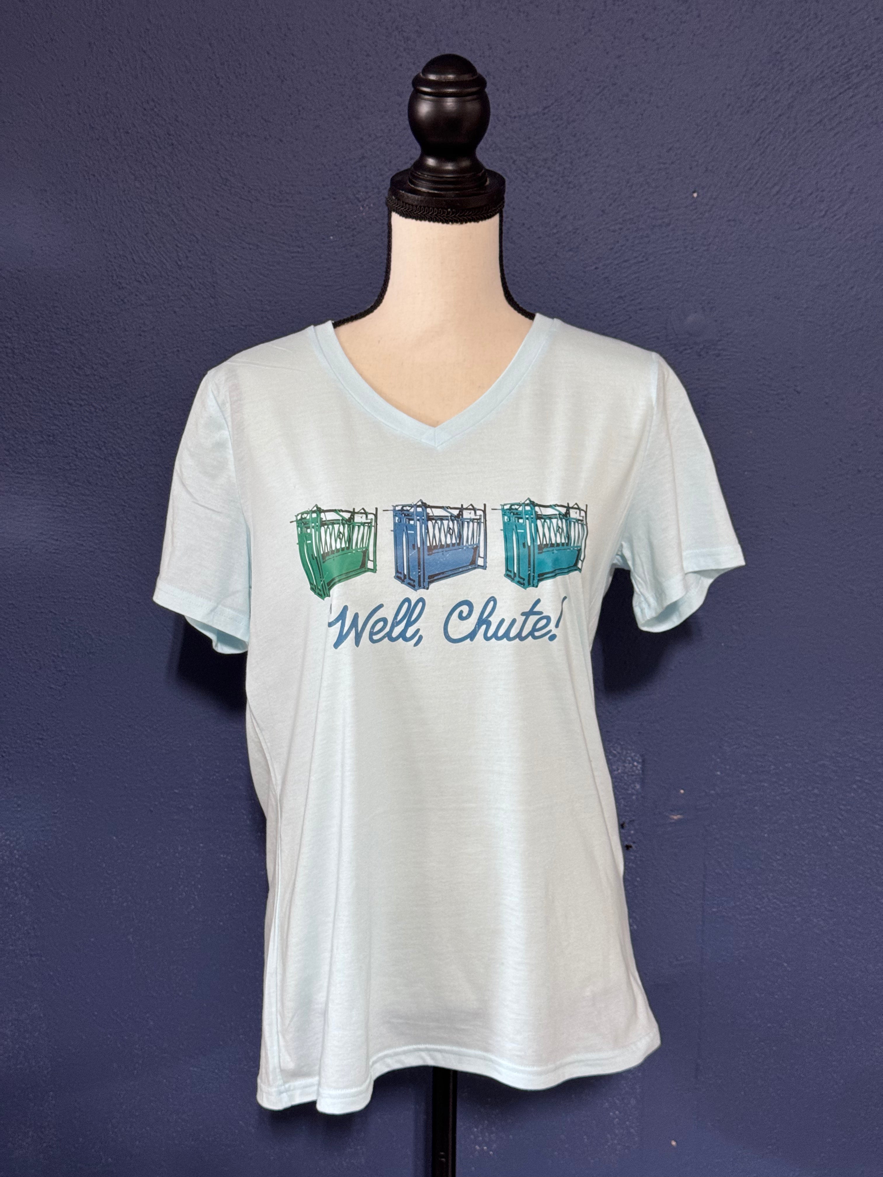 Well Chute! Graphic T-Shirt – Light Blue Women’s Large – Cow Chutes Western Tee