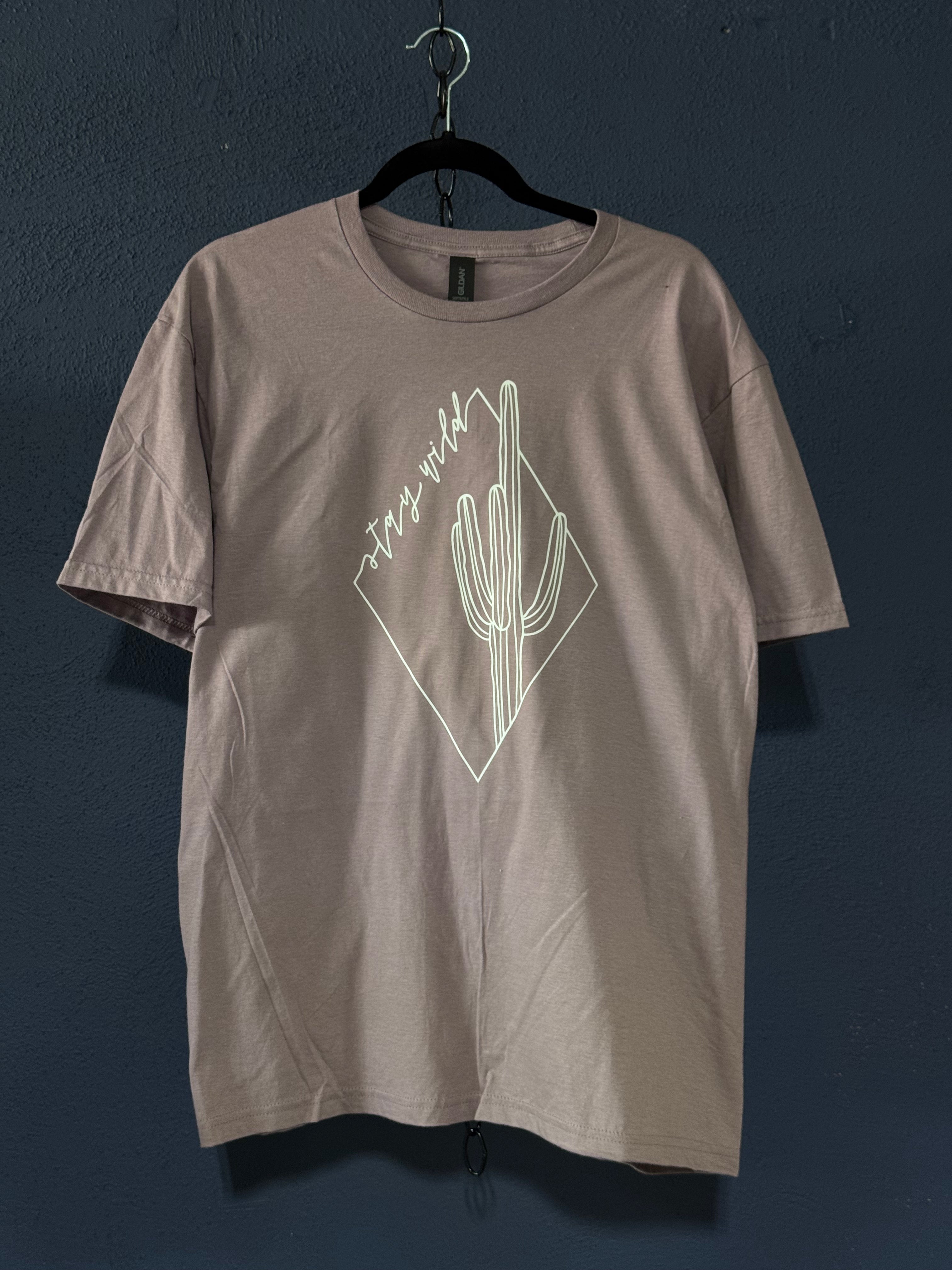 Title Stay Wild Triangle Cactus Graphic T-Shirt – Light Purple Unisex Large – Cute Aesthetic Tee