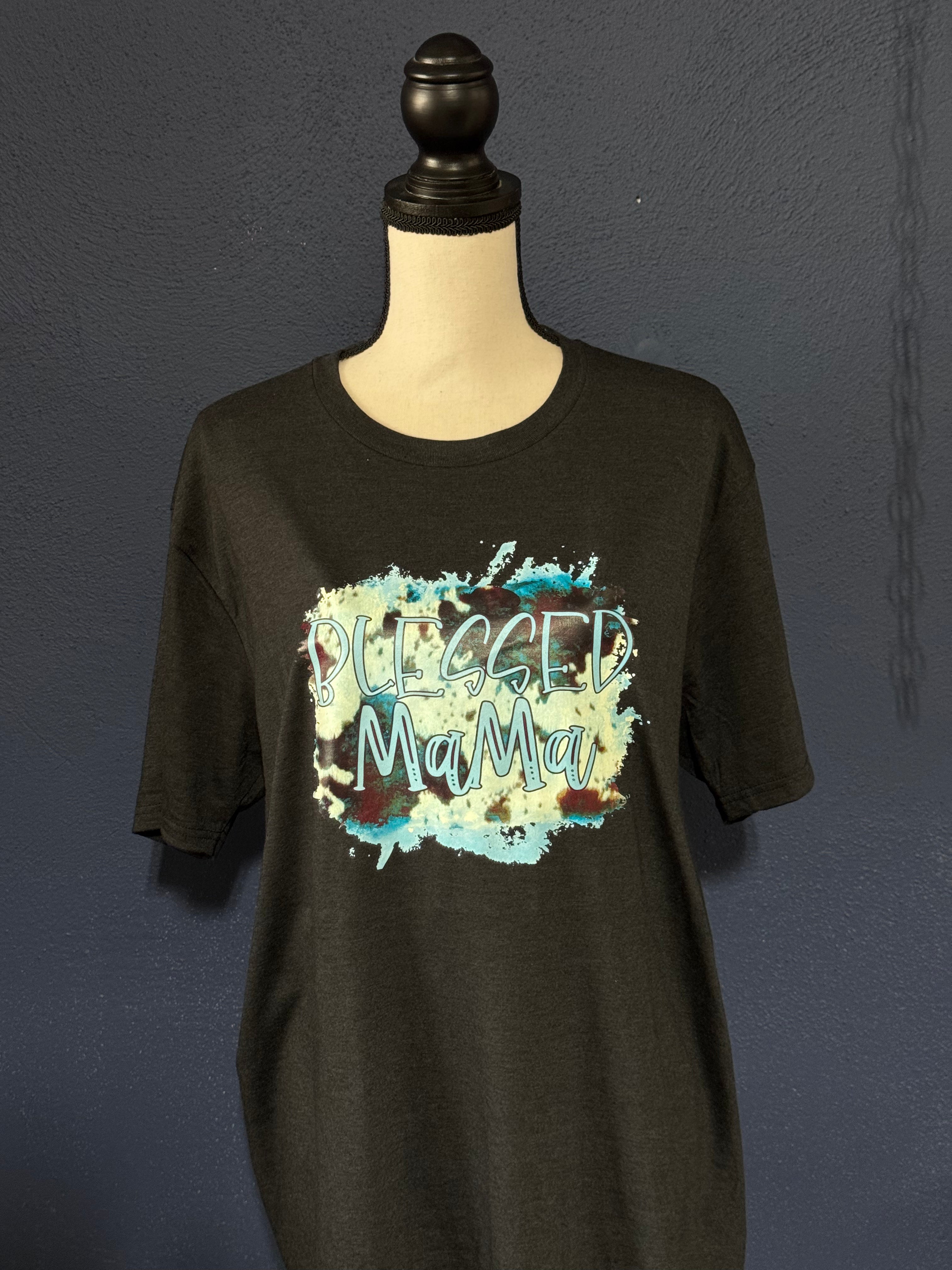 Blessed Mama Graphic T-Shirt – Black Unisex Large – Western Cow Print Mama Tee