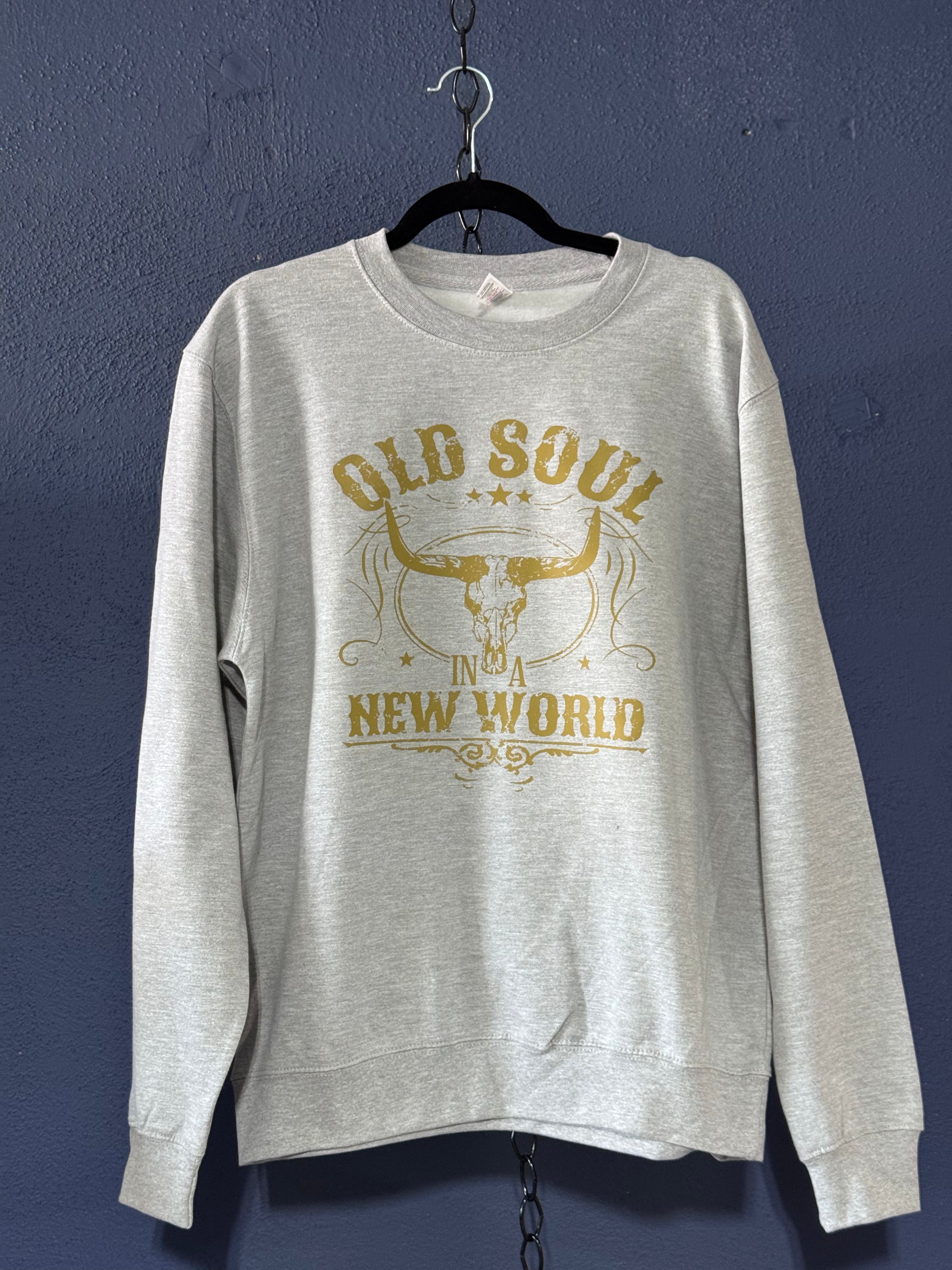 Old Soul in a New World Graphic Crewneck – Grey Unisex Large – Western Longhorn Sweatshirt