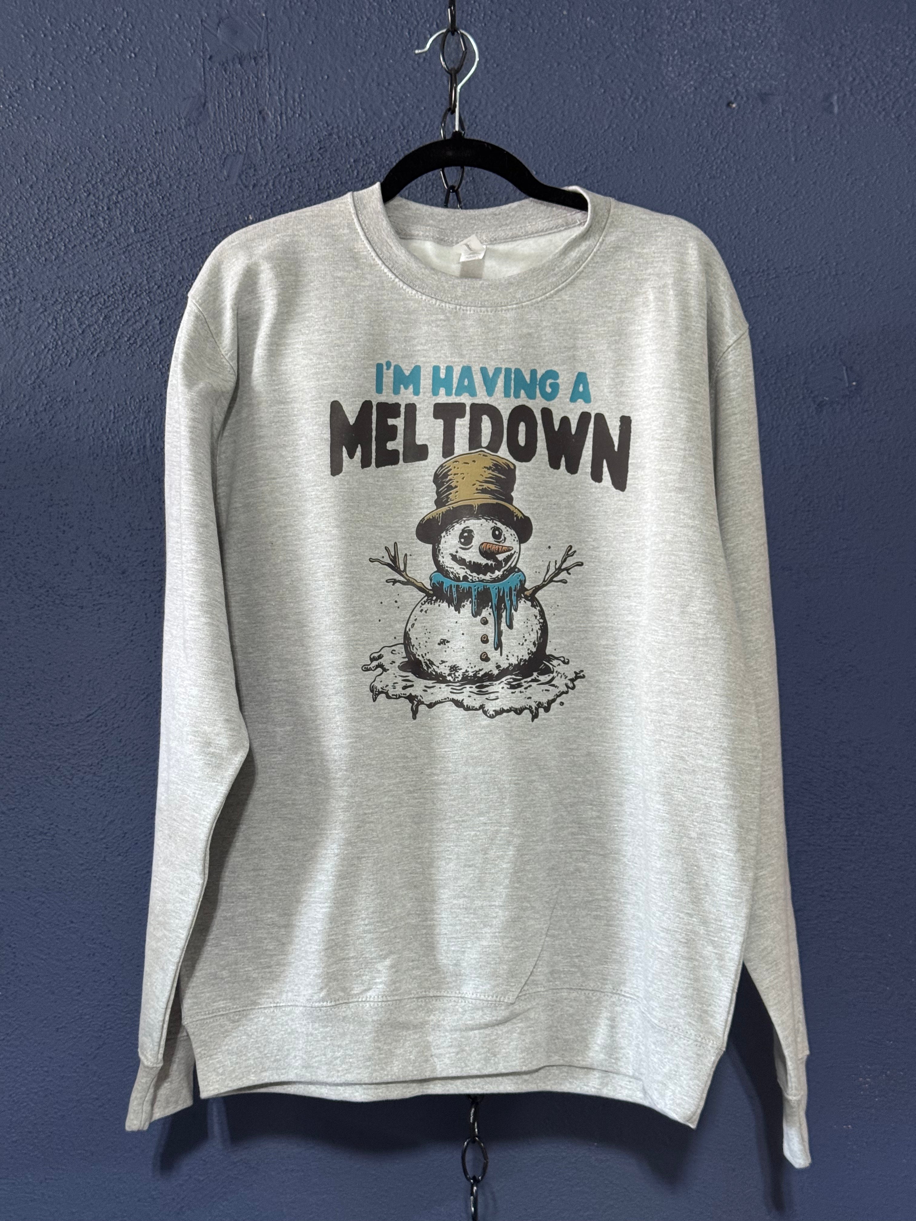 I’m Having a Meltdown Graphic Crewneck – Grey Unisex Large – Funny Melting Snowman Sweatshirt