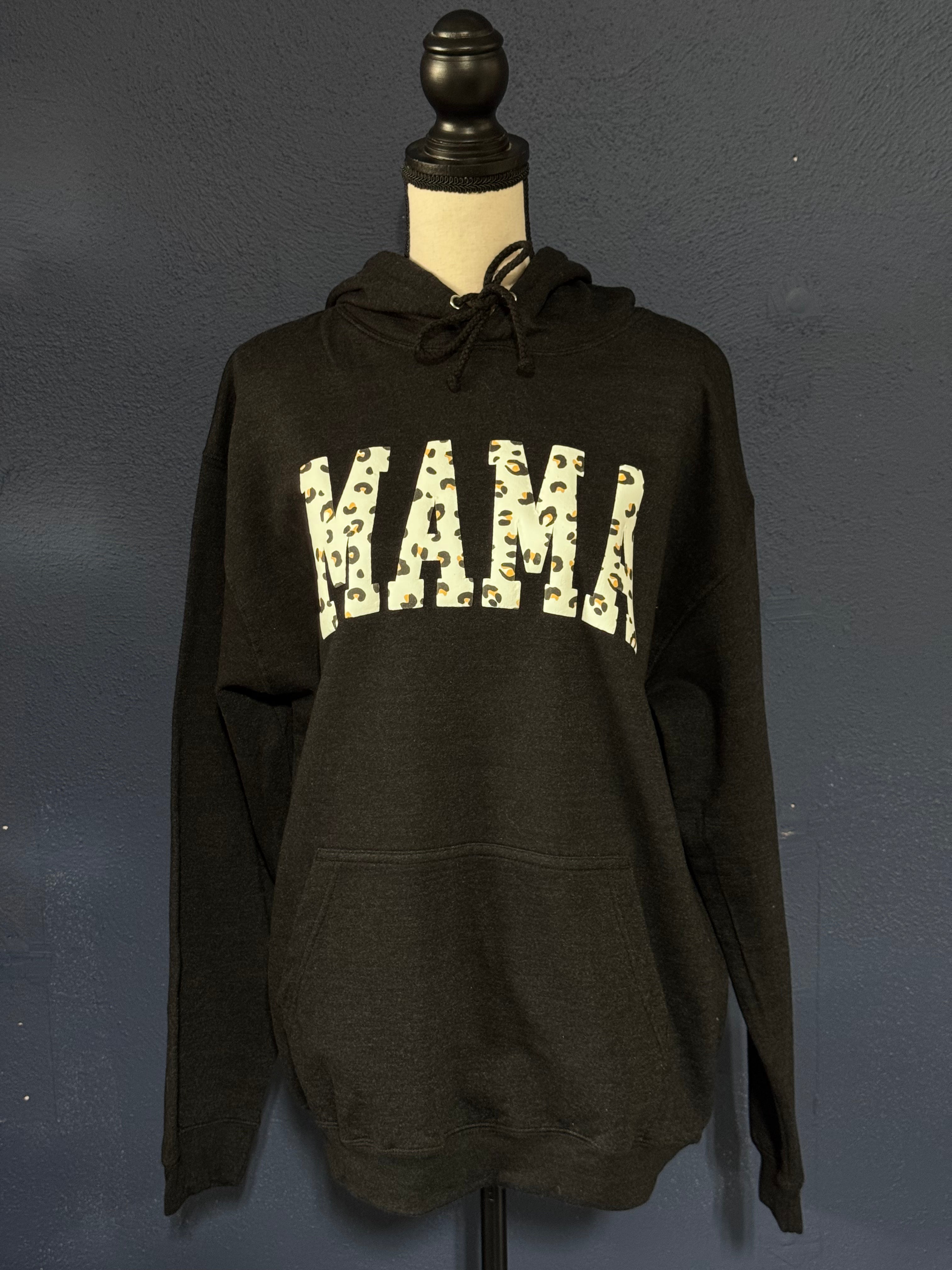 Mama Leopard Print Puffy Vinyl Hoodie – Black Unisex Large – Trendy Mom Sweatshirt