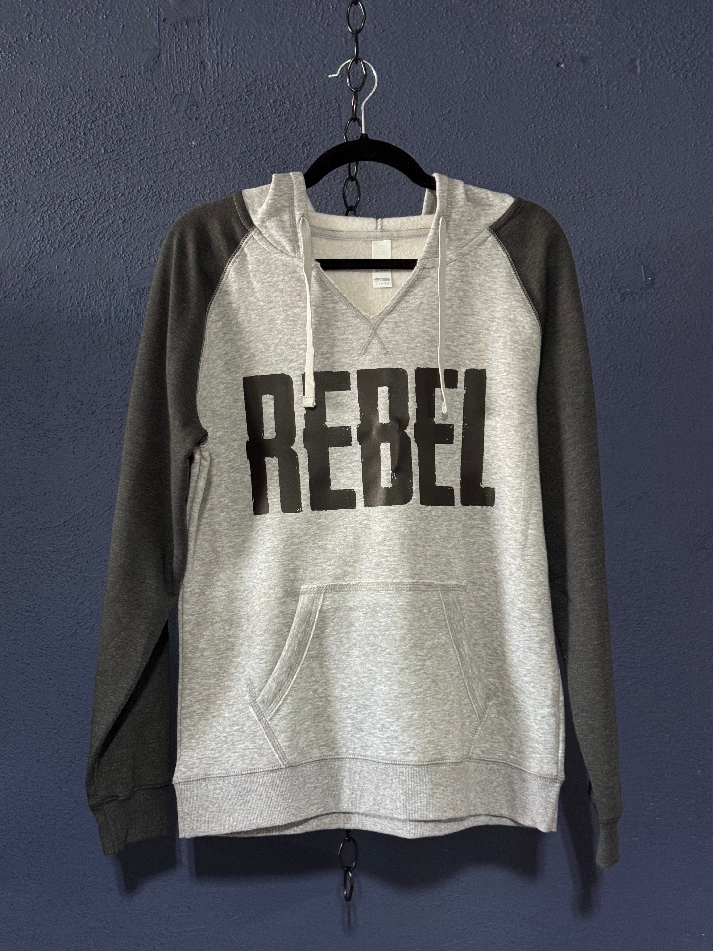 Rebel Graphic Hoodie – Grey & Black Women’s Large – V-Neck Trendy Sweatshirt