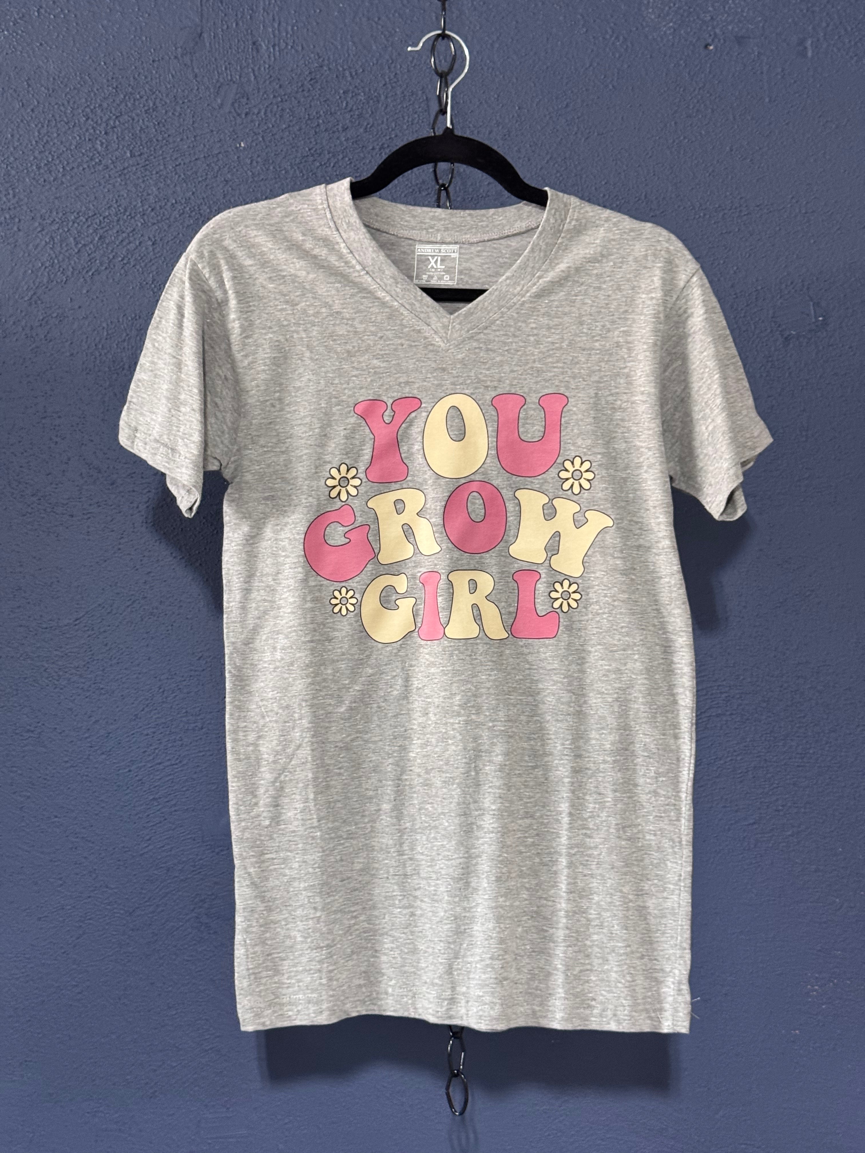 You Grow Girl Retro Graphic V-Neck T-Shirt – Grey Women’s XL – Cute Floral Tee