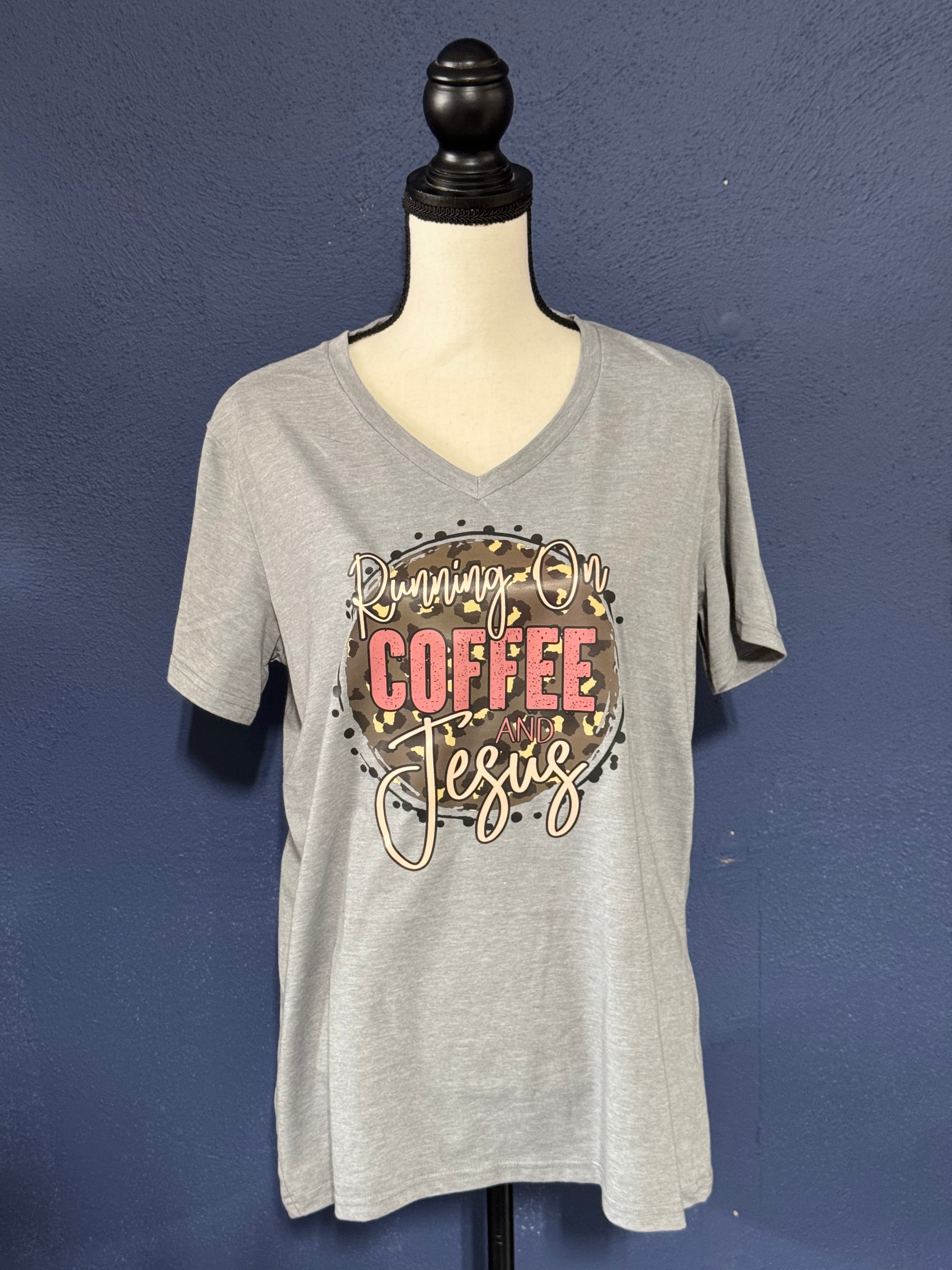 Running on Coffee and Jesus Graphic V-Neck T-Shirt – Grey Women’s XL – Faith & Coffee Tee