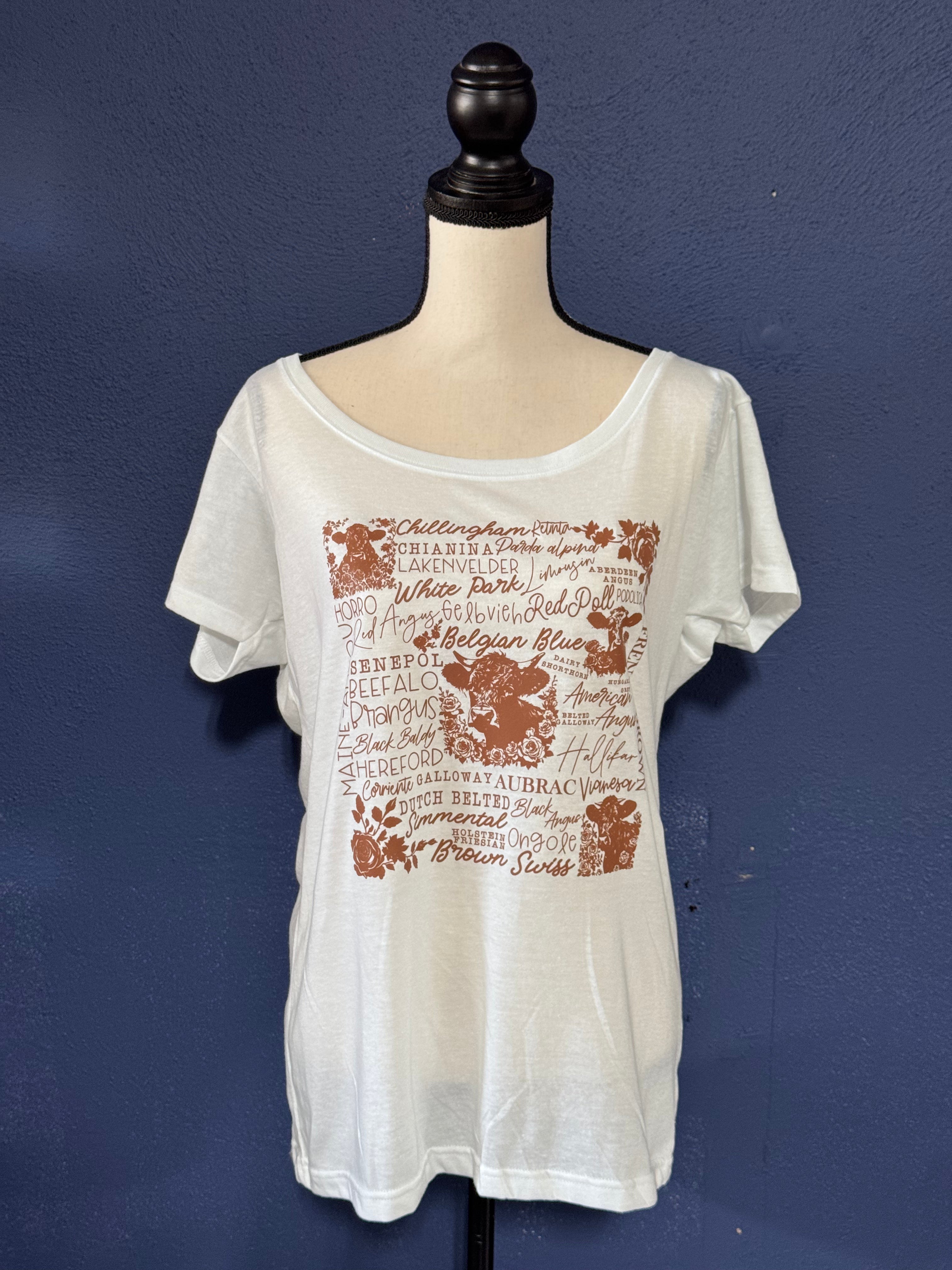 Cattle Breeds Graphic T-Shirt – White Women’s XL – Farm & Ranch Inspired Tee