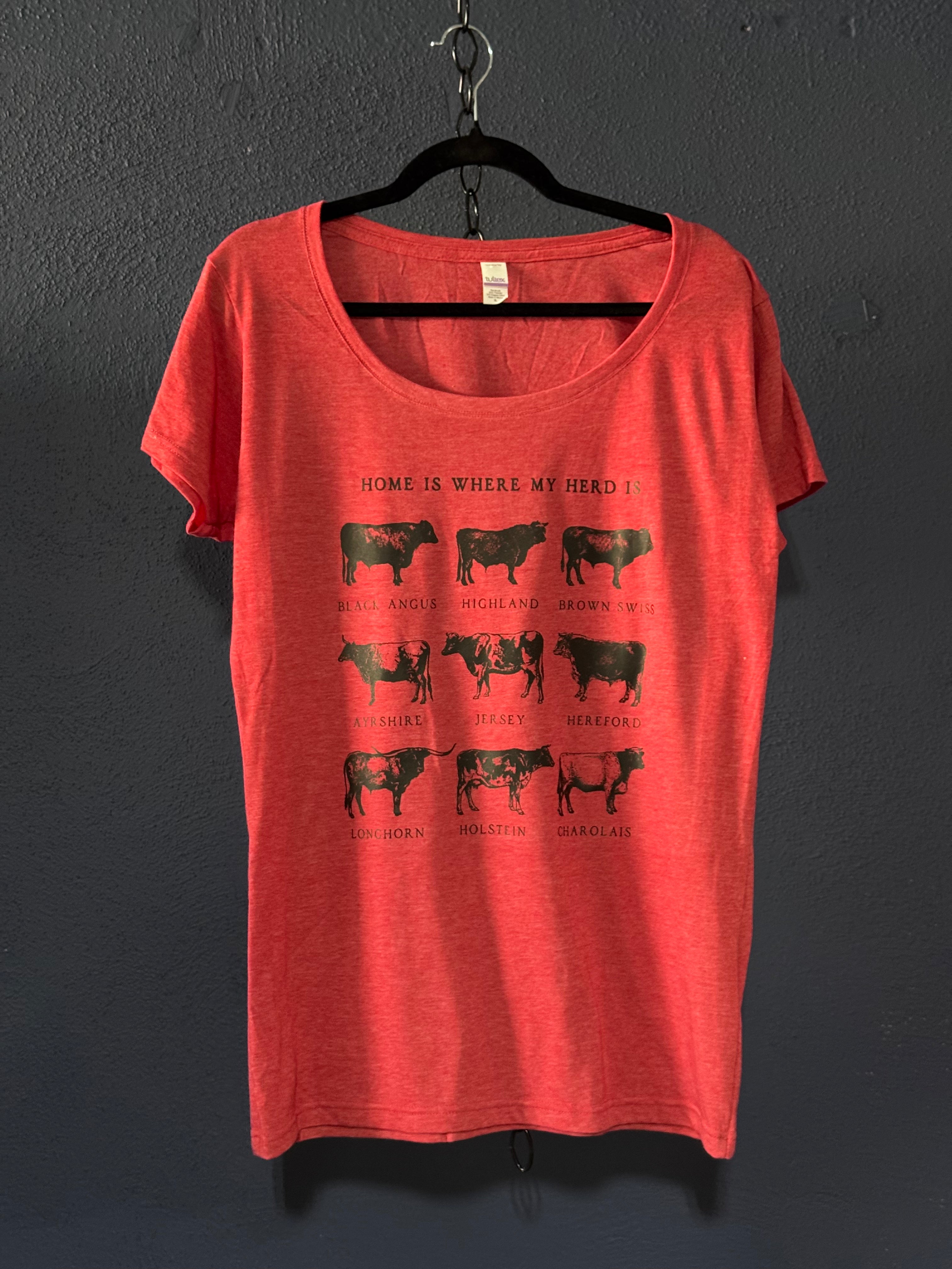Home Is Where My Herd Is Graphic T-Shirt – Red Women’s XL – Farm & Cow Lover Tee