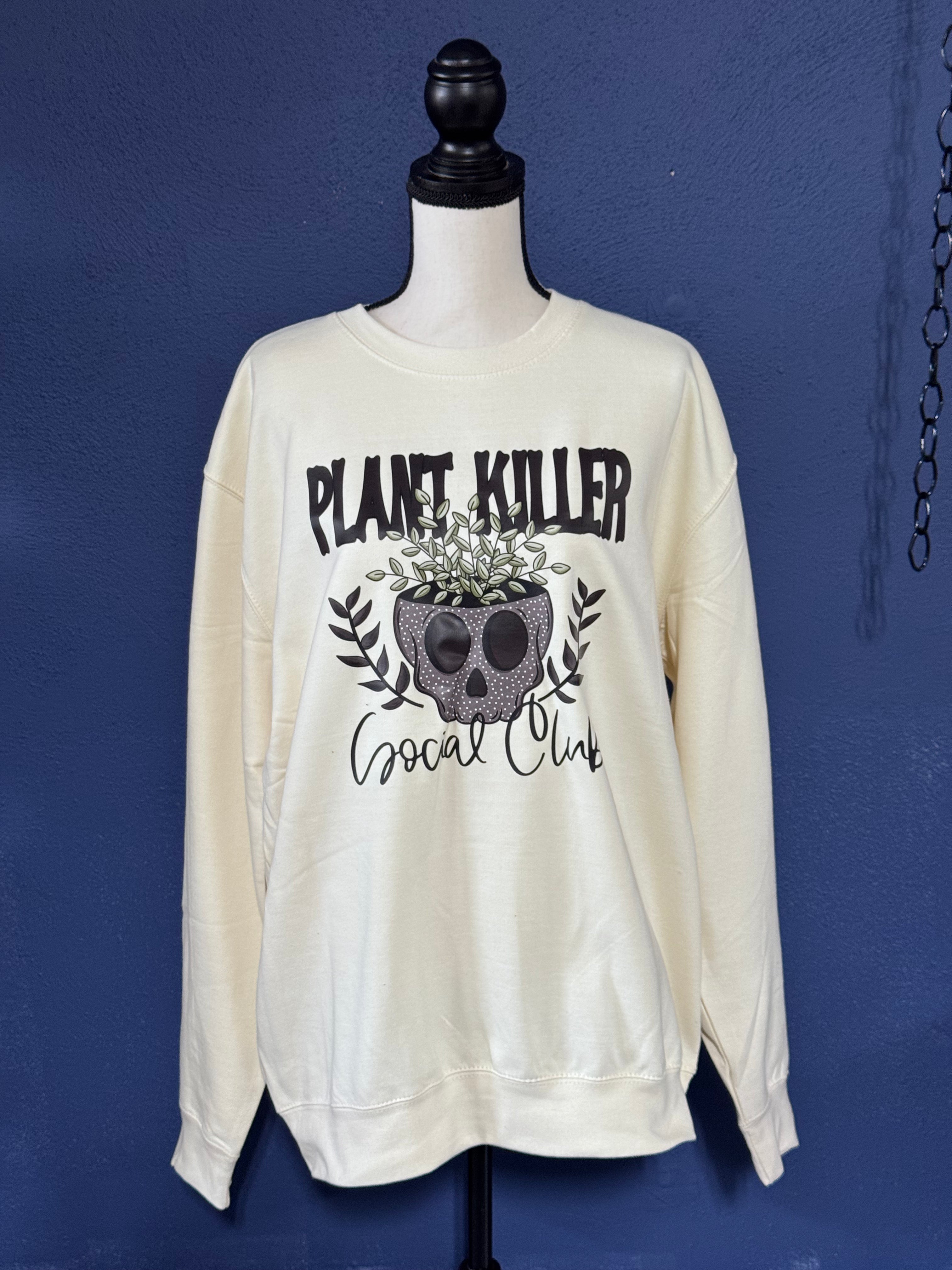 Plant Killer Social Club Skull Crewneck Sweatshirt – Tan/Soft Yellow Unisex XL – Funny Plant Lover Crewneck