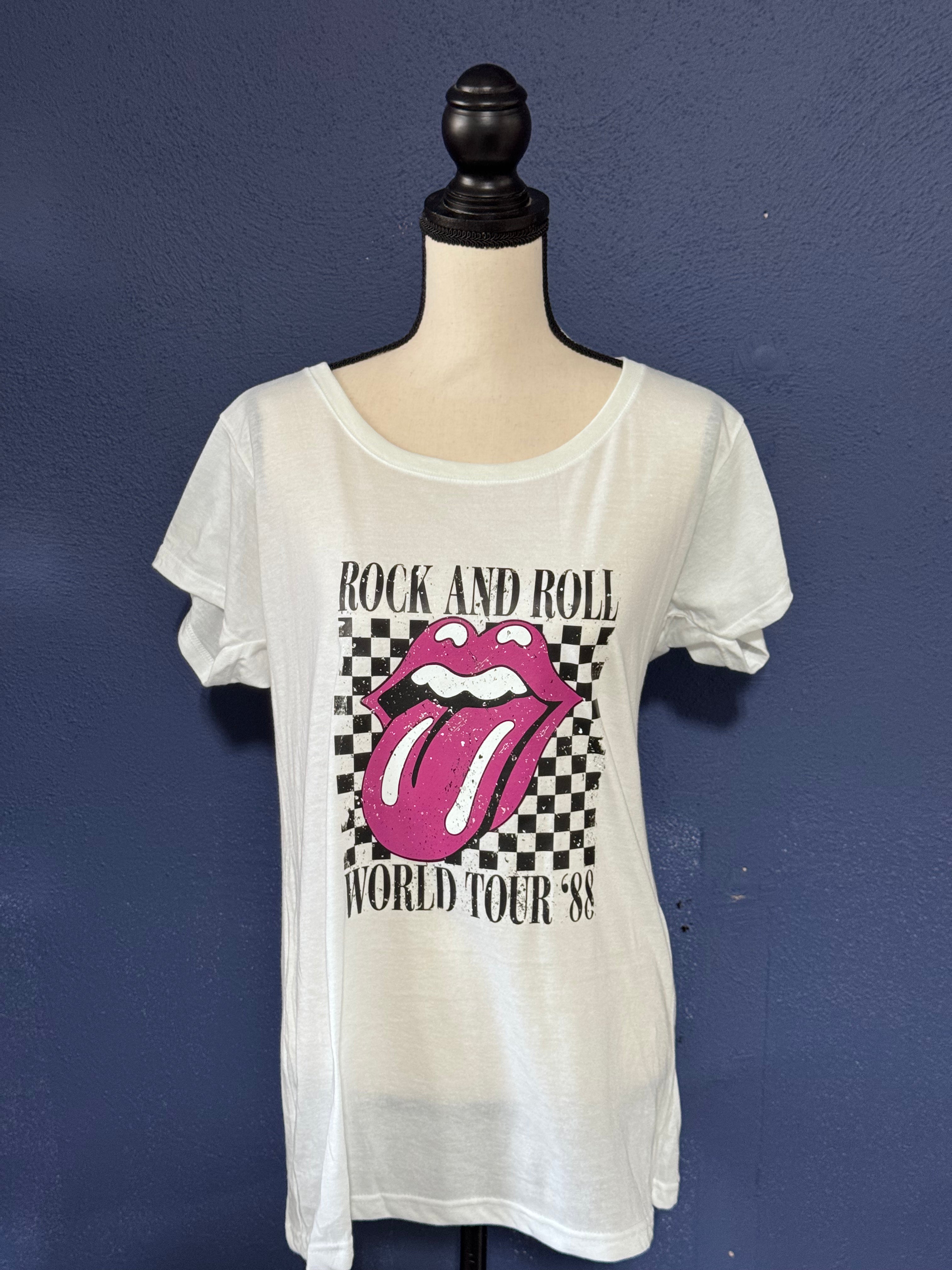 Rock and Roll World Tour ‘88 Graphic T-Shirt – White Women’s Cut 2XL – Retro Checkered Rock Tee