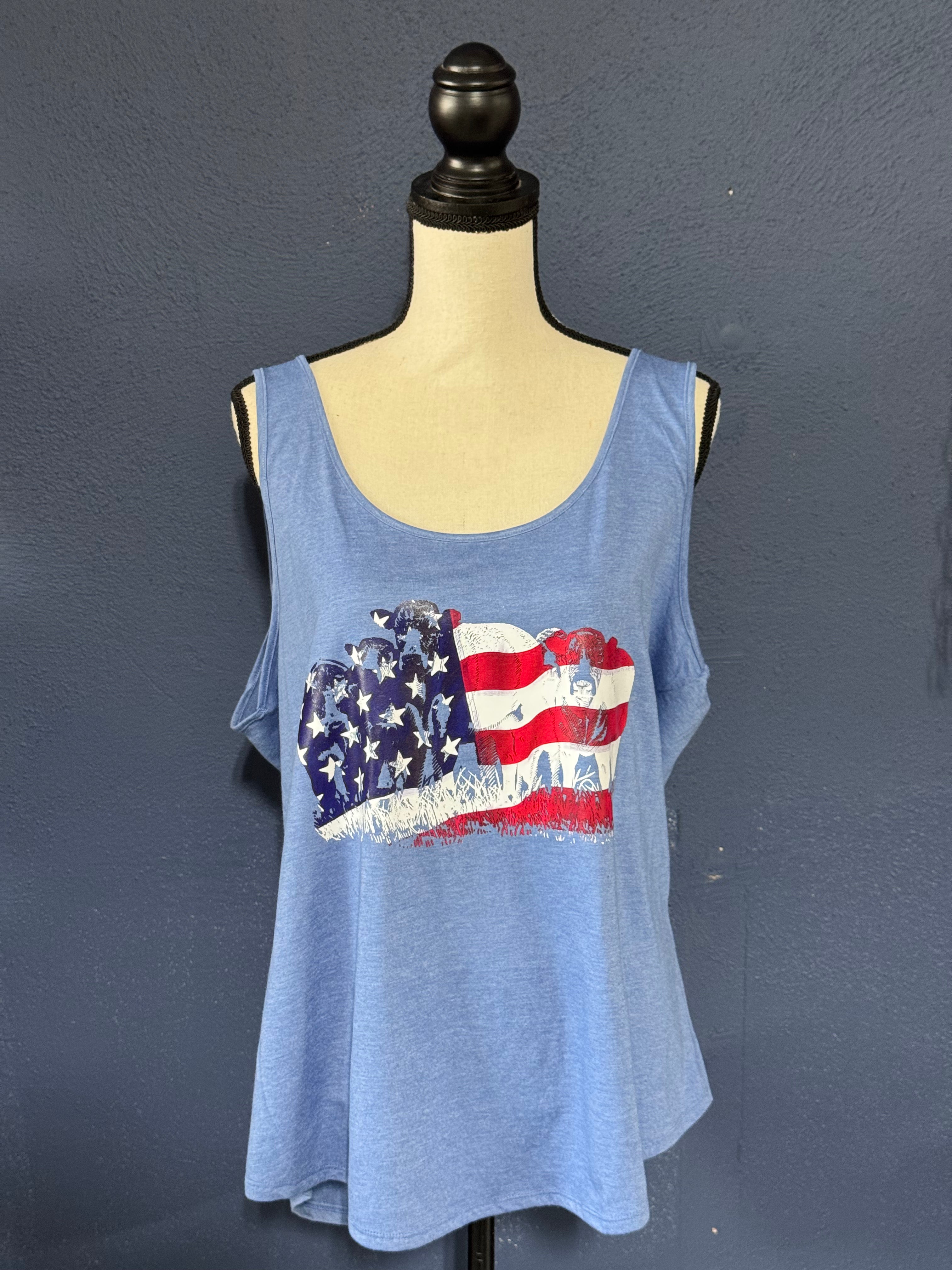 Patriotic Cow Graphic Tank Top – Blue Women’s Cut 2XL – American Flag Farm Tank