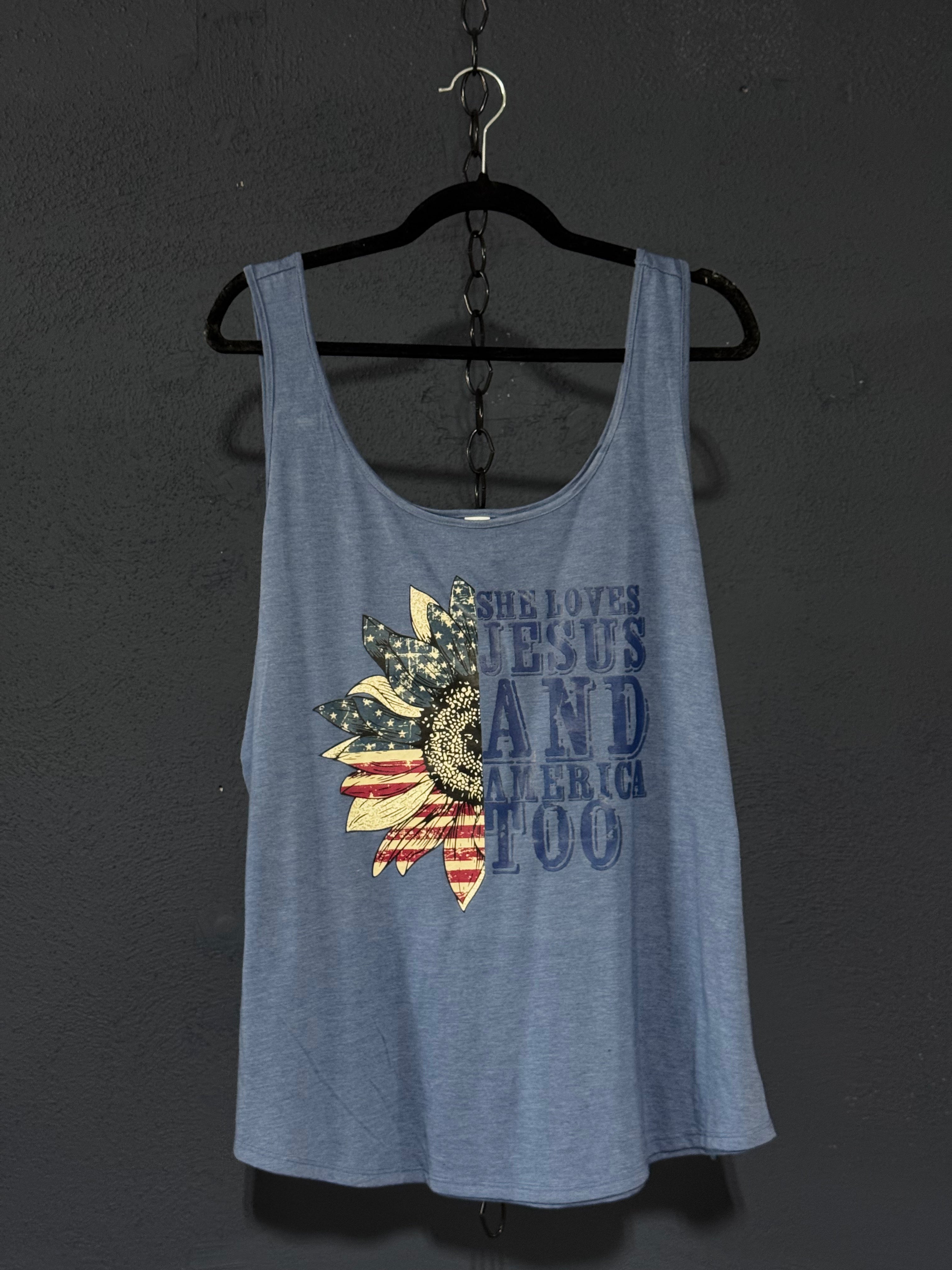 She Loves Jesus and America Too Sunflower Tank Top – Blue Women’s Cut 2XL – Patriotic Faith Tank