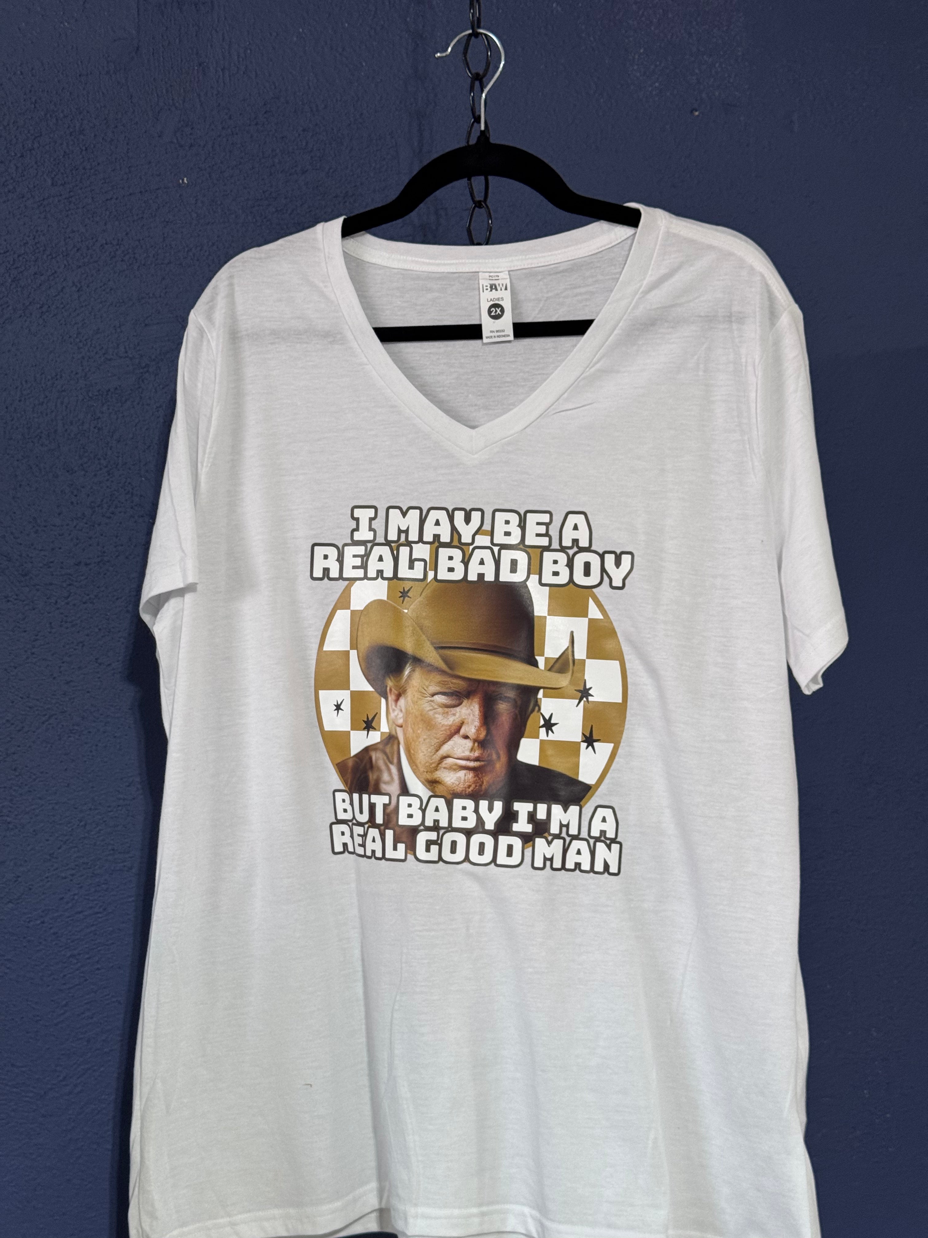 Cowboy Trump “Real Good Man” Graphic T-Shirt – White Women’s 2XL – Western Humor Tee