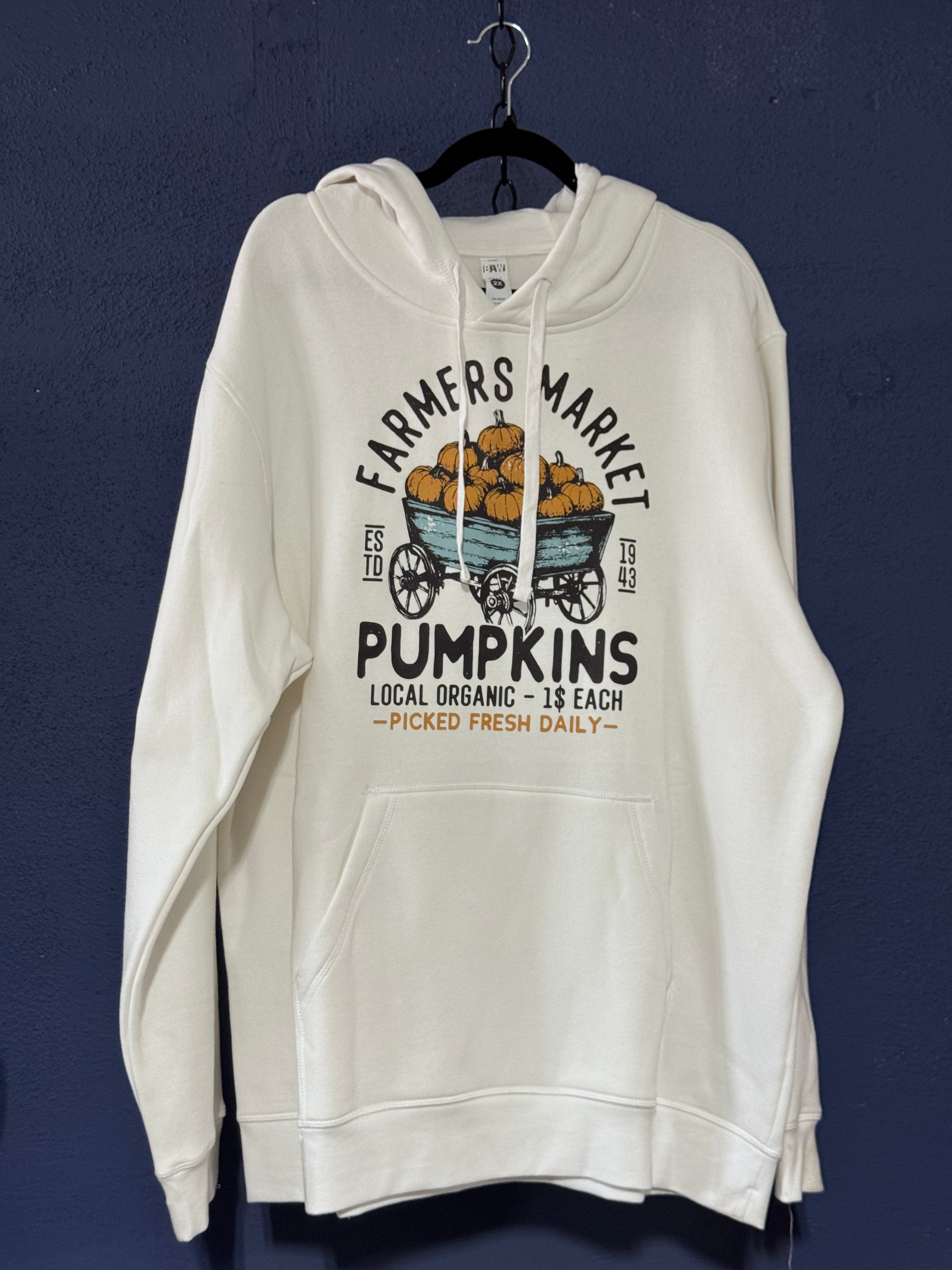 Farmers Market Pumpkins Hoodie – White Unisex 2XL – Fall Pumpkin Patch Sweatshirt