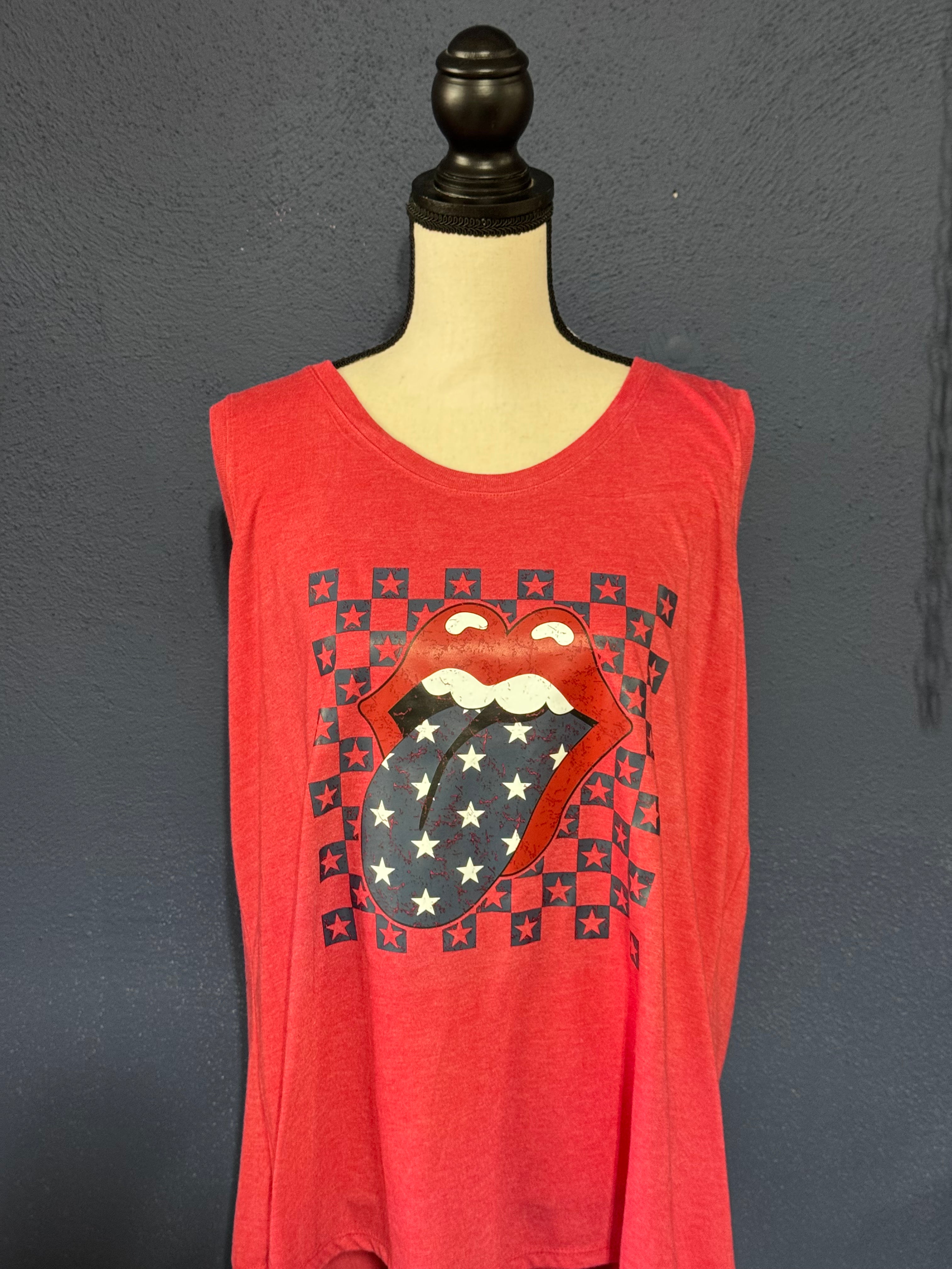 Patriotic Star Tongue Graphic Tank – Red Women’s 3XL – Retro Rock Style Tank Top