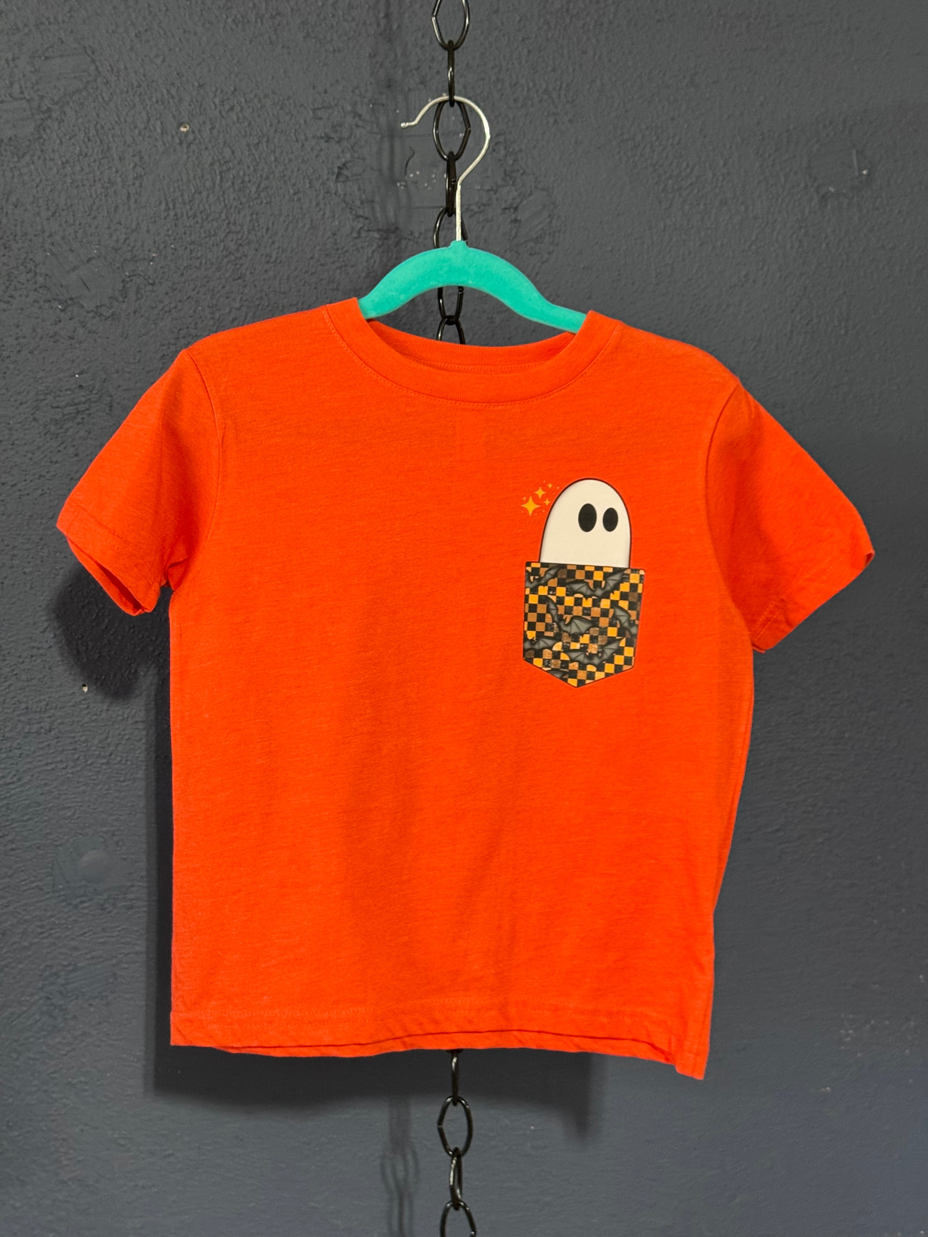 Ghost Pocket Halloween Toddler T-Shirt – Size 4T Bright Orange – Cute Kids Spooky Graphic Tee