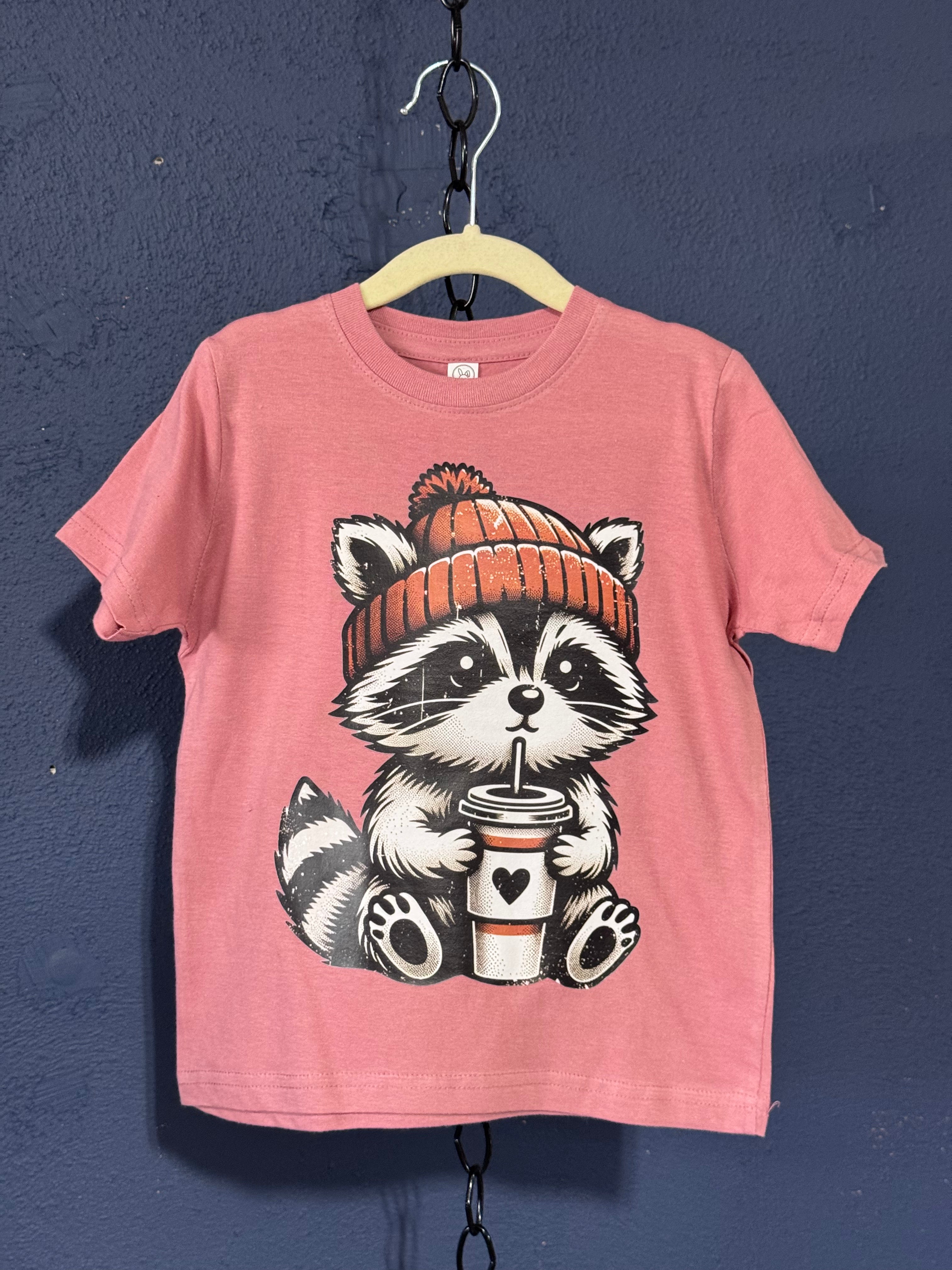 Raccoon Coffee Toddler T-Shirt – Size 4T Pink – Cute Woodland Kids Graphic Tee