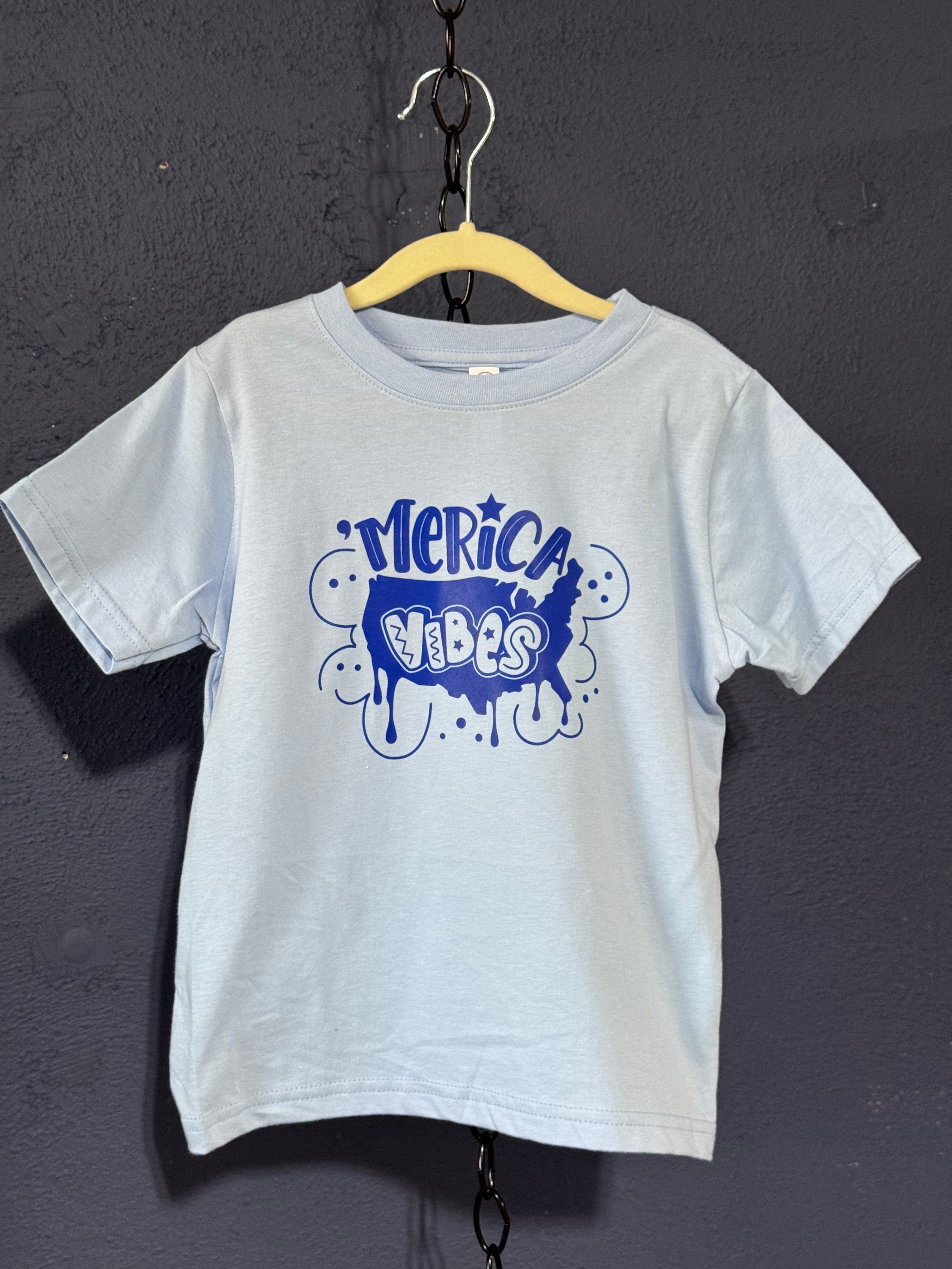 Merica Vibes Kids T-Shirt – Size 5/6T Light Blue – Patriotic USA Graphic Tee