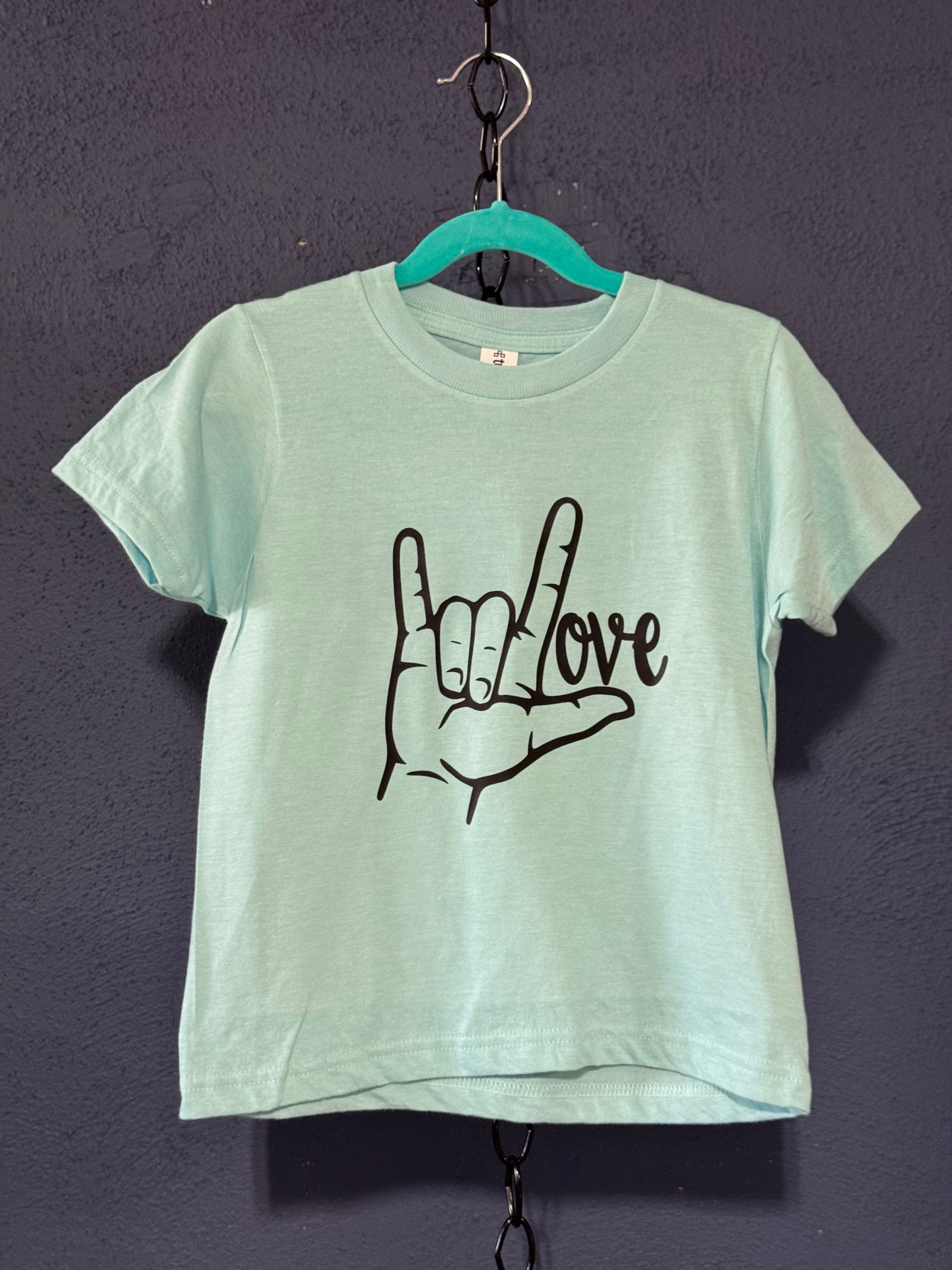Love Sign Language Kids T-Shirt – Youth XS Blue – Cute ASL Love Graphic Tee