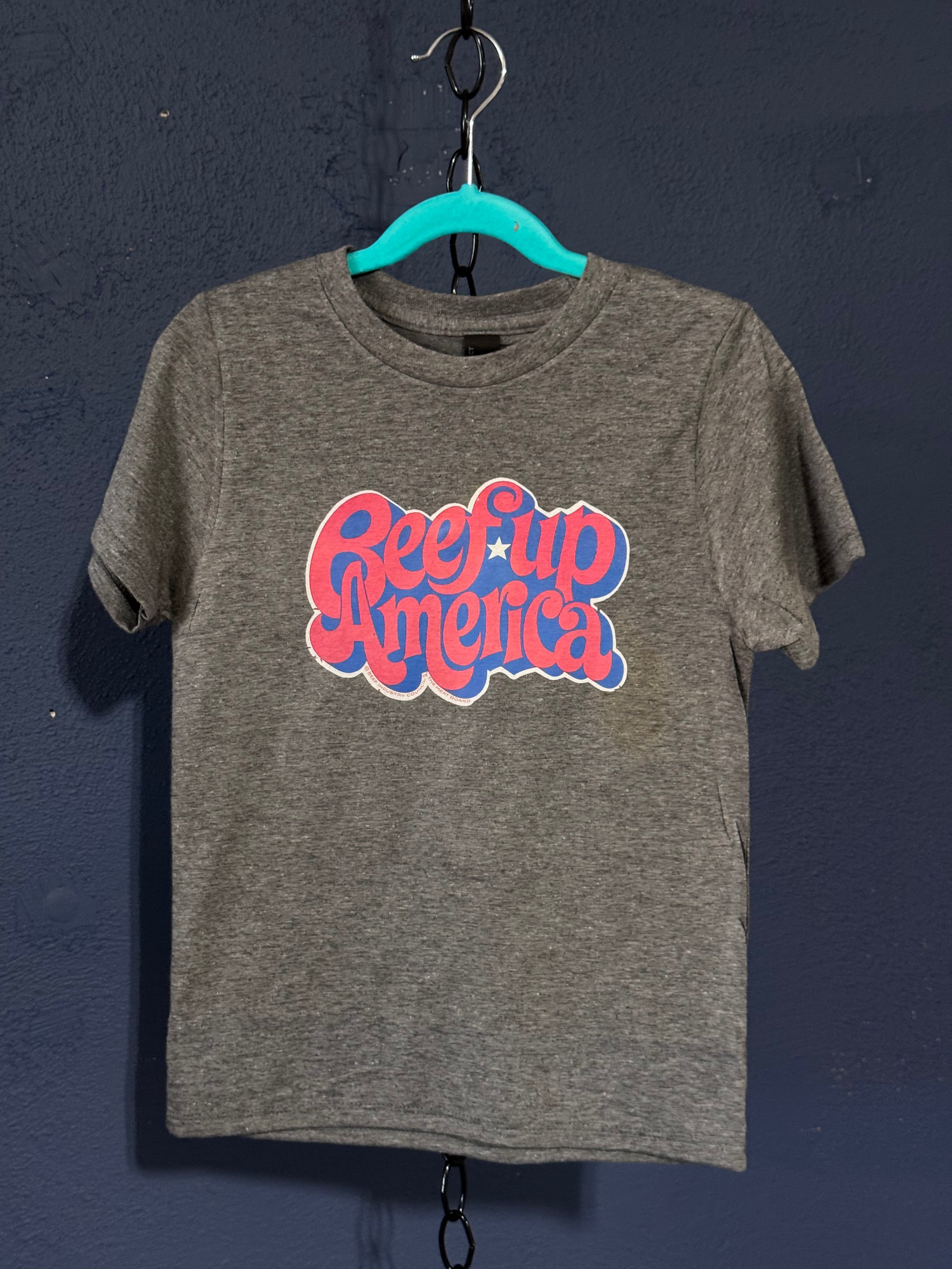Beef Up America Kids T-Shirt – Youth XS Grey – Retro Patriotic Graphic Tee