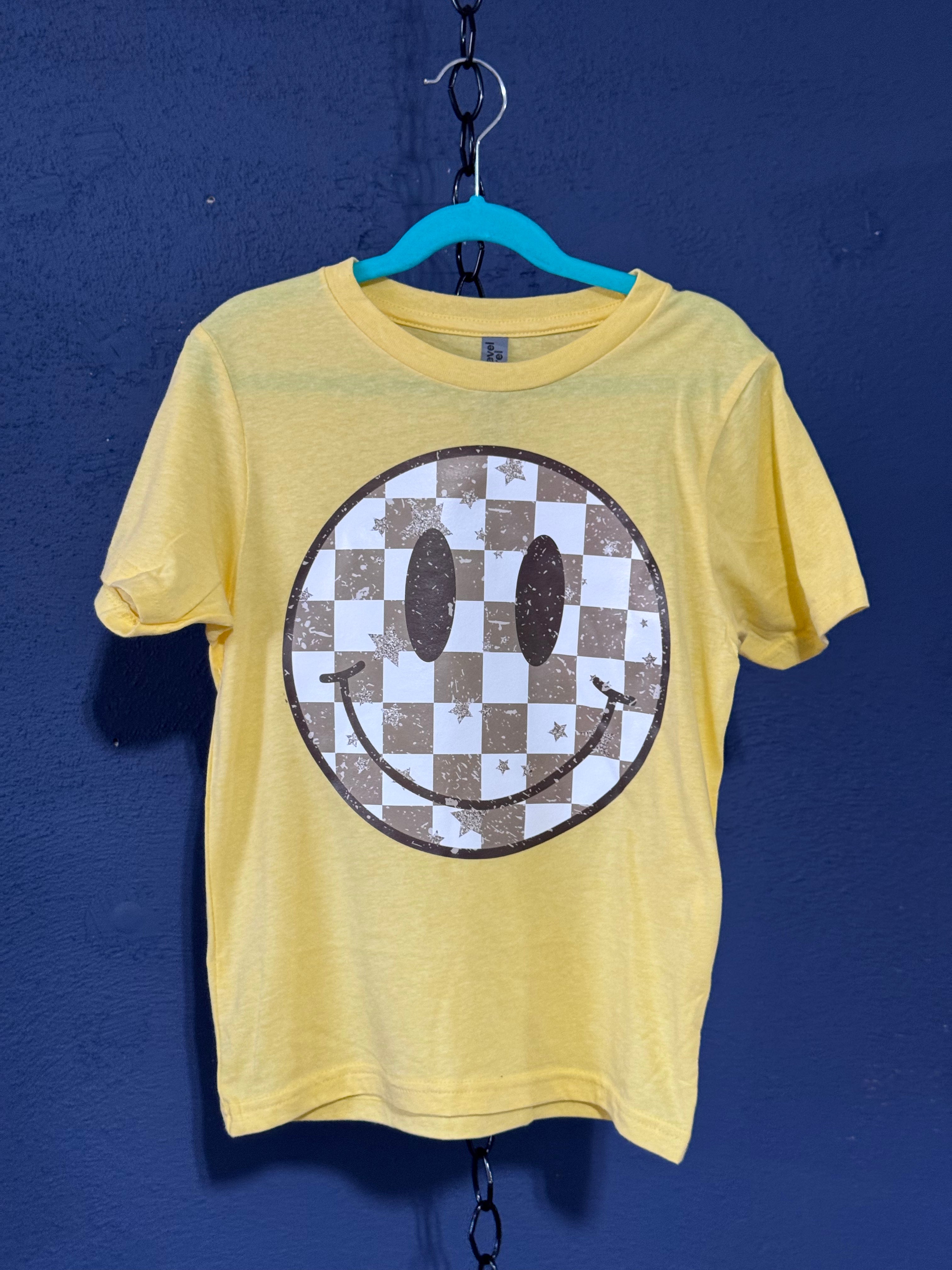 Checkered Smiley Face Kids T-Shirt – Youth Small Yellow – Trendy Retro Graphic Tee