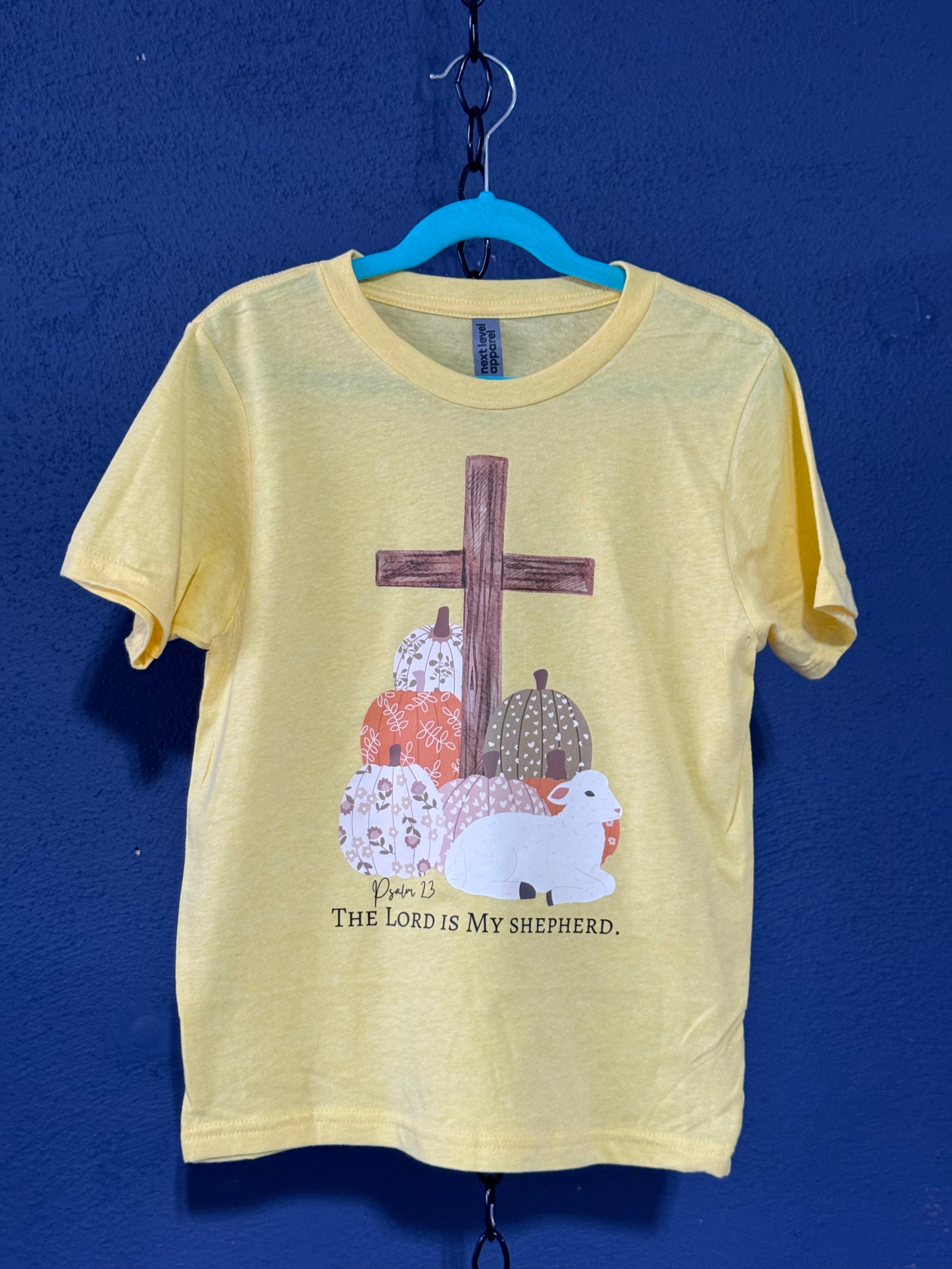 Psalm 23 Christian Kids T-Shirt – Youth Small Yellow – “The Lord Is My Shepherd” Faith Graphic Tee