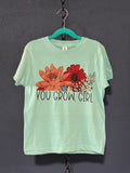 You Grow Girl Kids T-Shirt – Youth Small Blue – Cute Floral Positive Graphic Tee