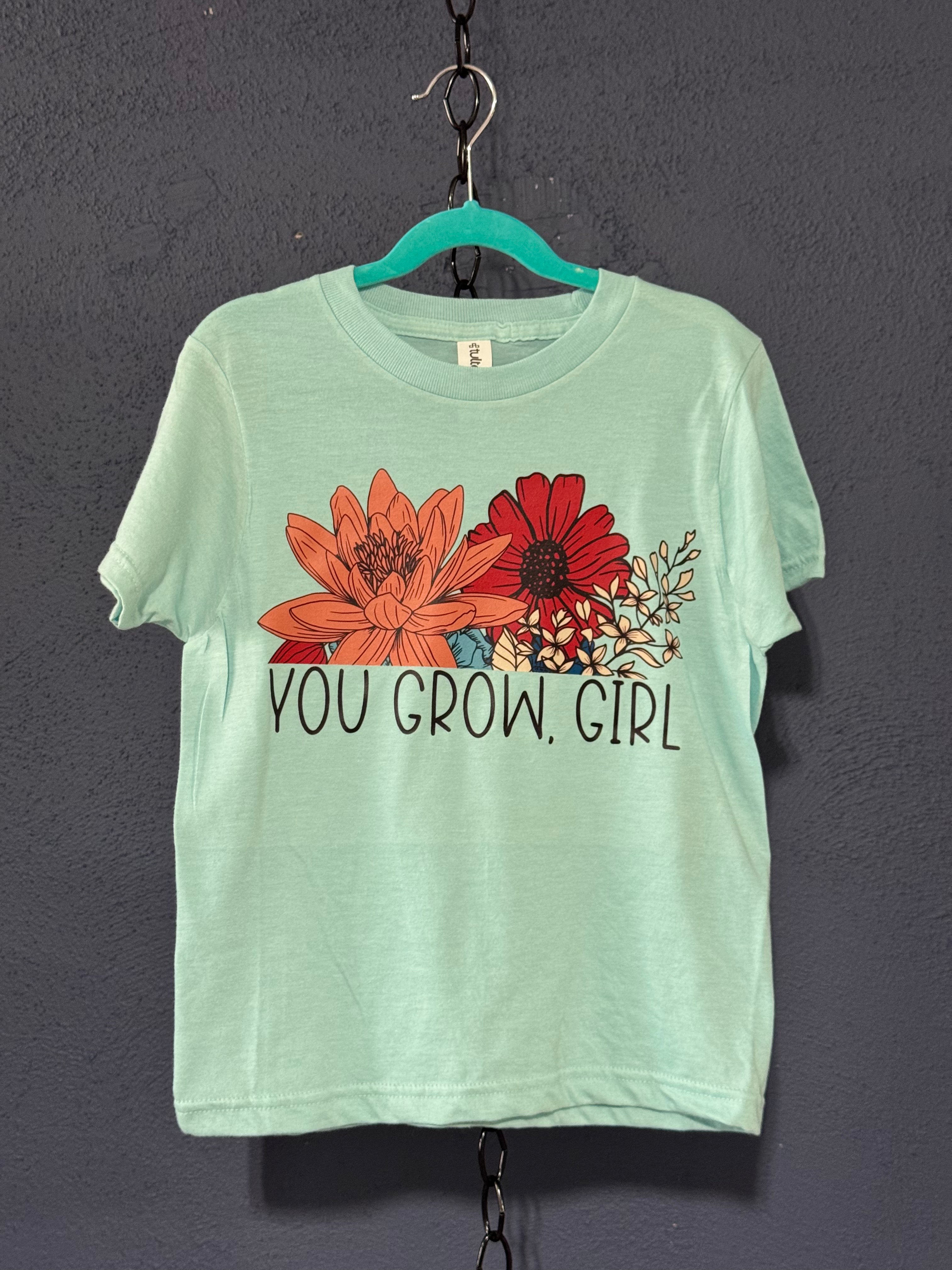 You Grow Girl Kids T-Shirt – Youth Small Blue – Cute Floral Positive Graphic Tee