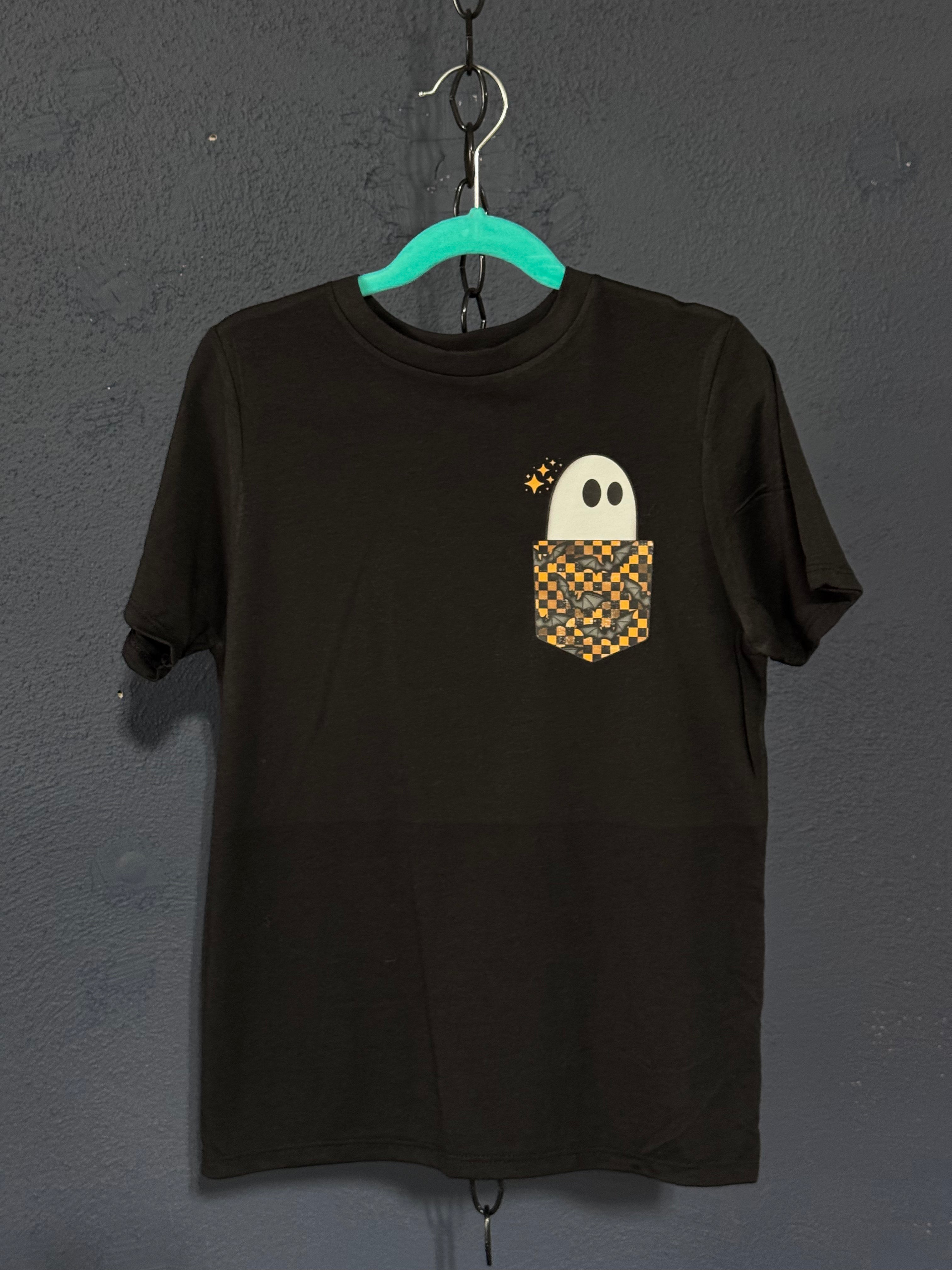 Pocket Ghost Kids T-Shirt – Youth Small Black – Cute Halloween Graphic Tee