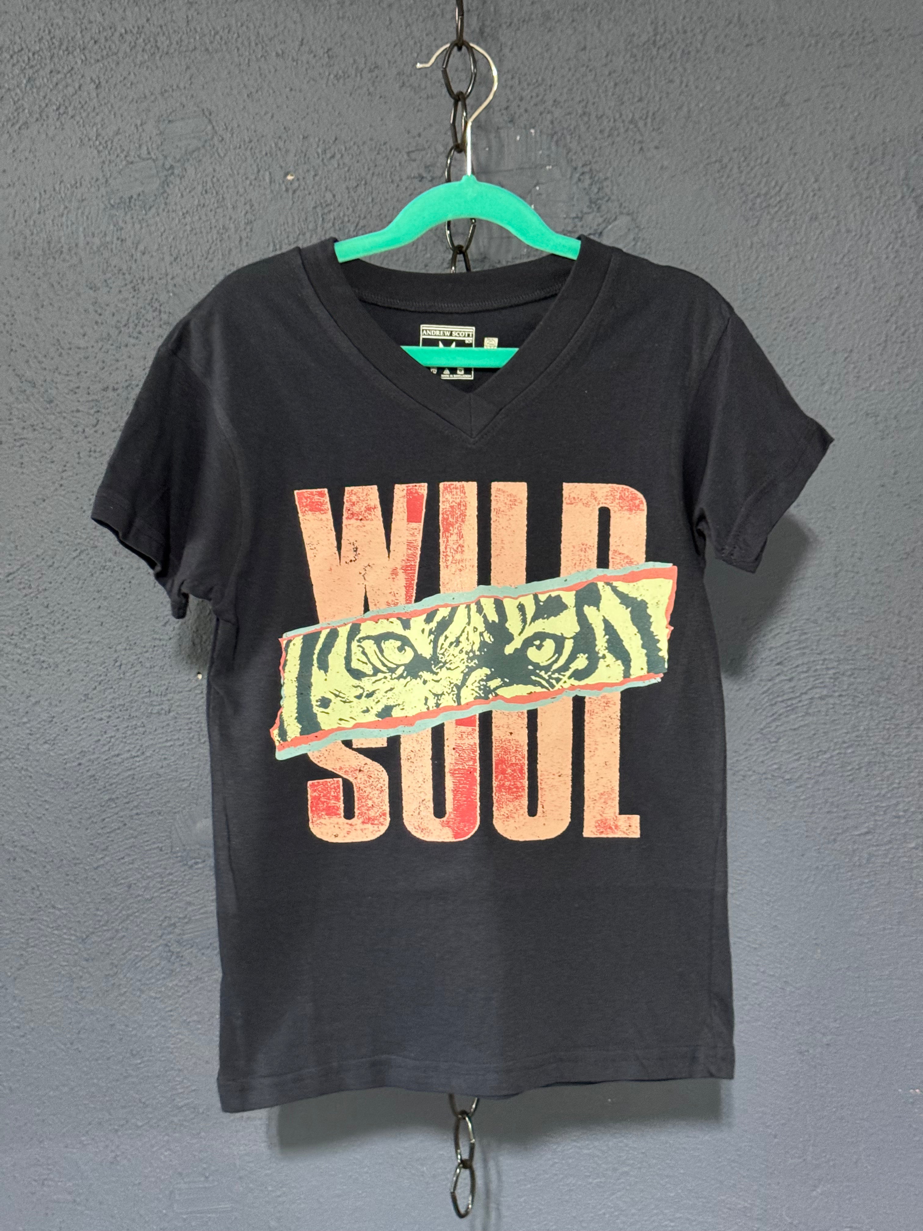 Wild Soul Tiger Kids T-Shirt – Youth Medium Black V-Neck – Retro Animal Graphic Tee