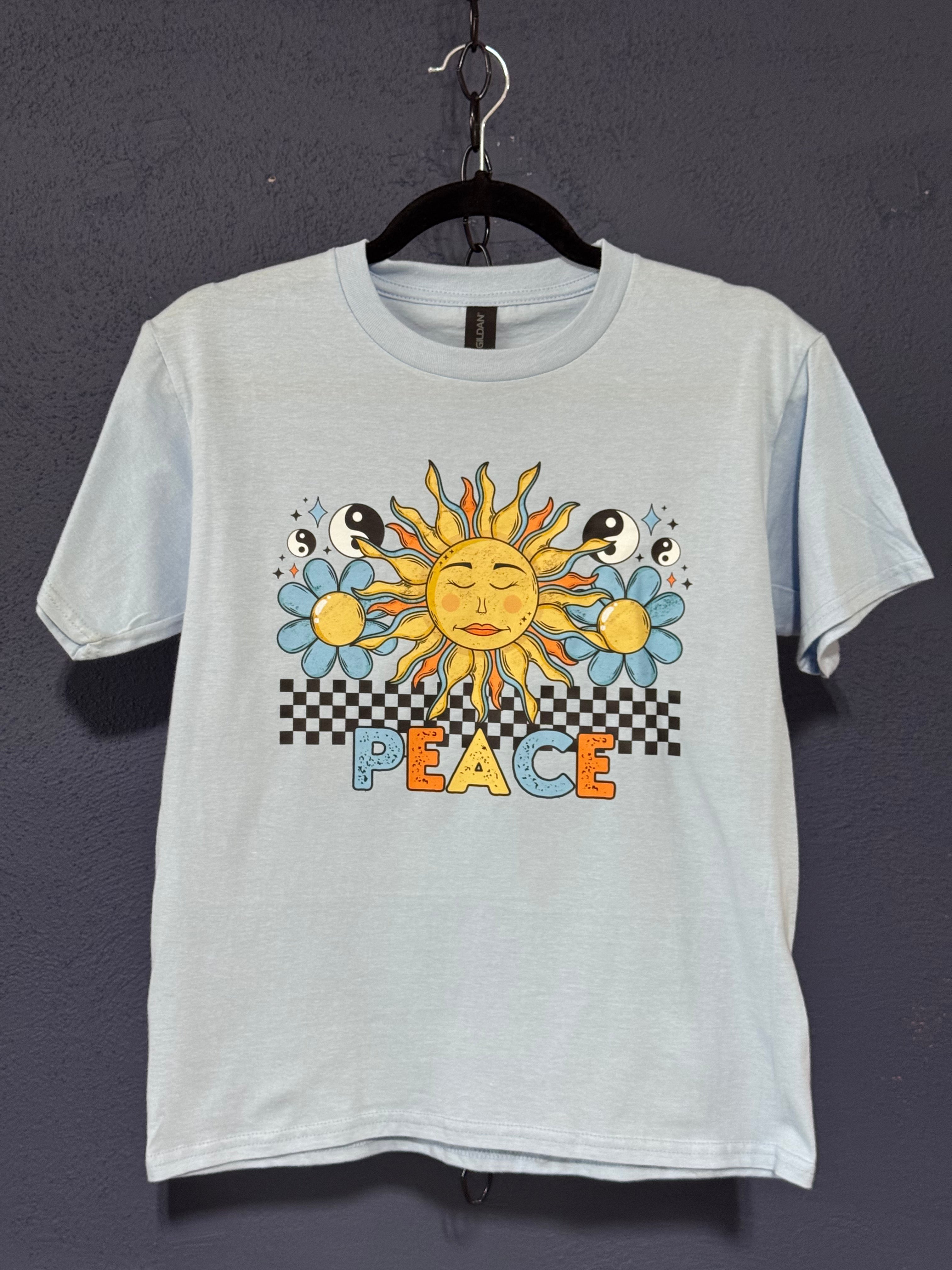 Peace Sun Graphic Kids T-Shirt – Youth Large Light Blue – Retro Peace Graphic Tee