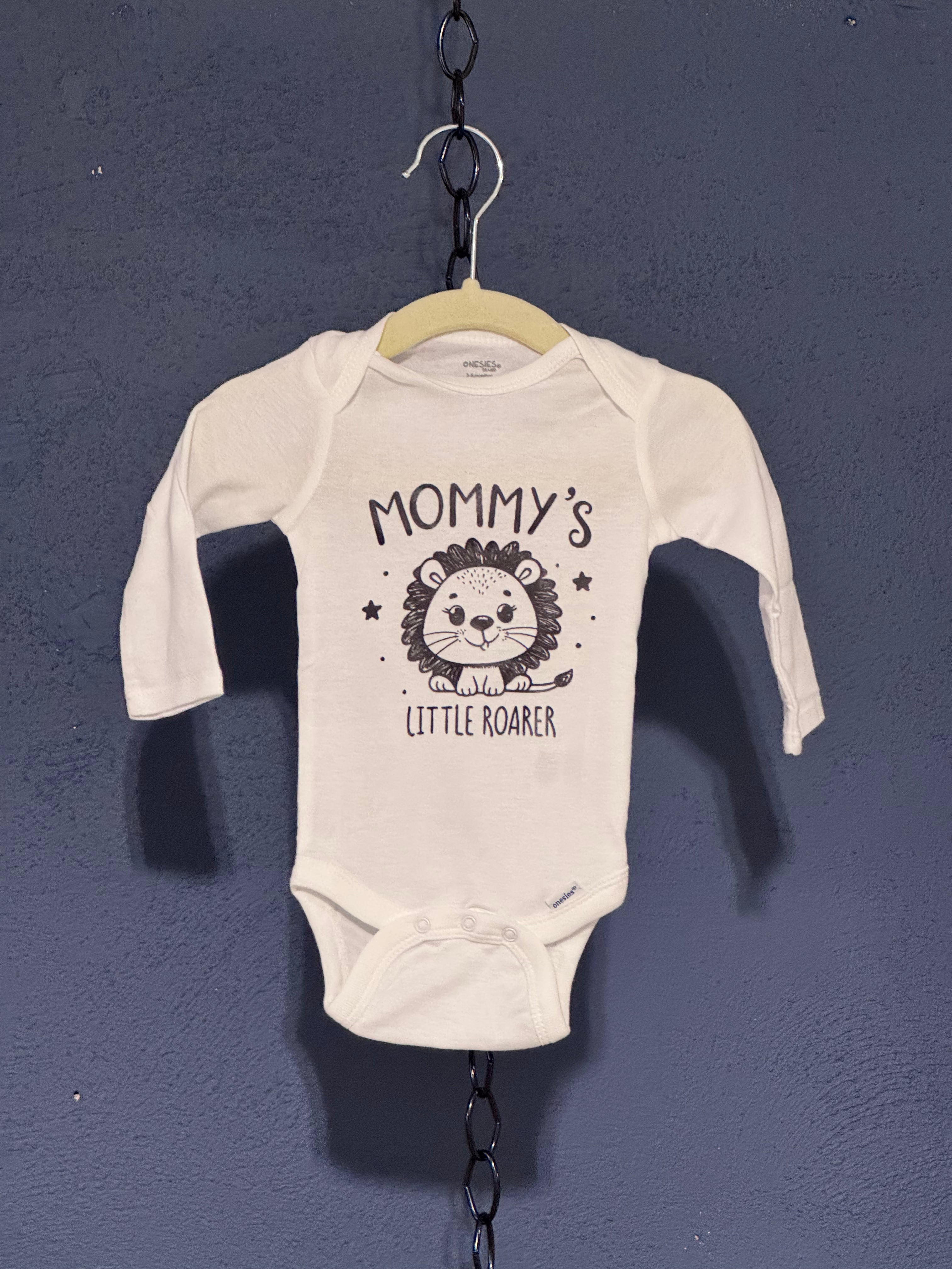 Mommy’s Little Roarer Onesie – White 0-3 Month Infant – Cute Baby Graphic Onesie