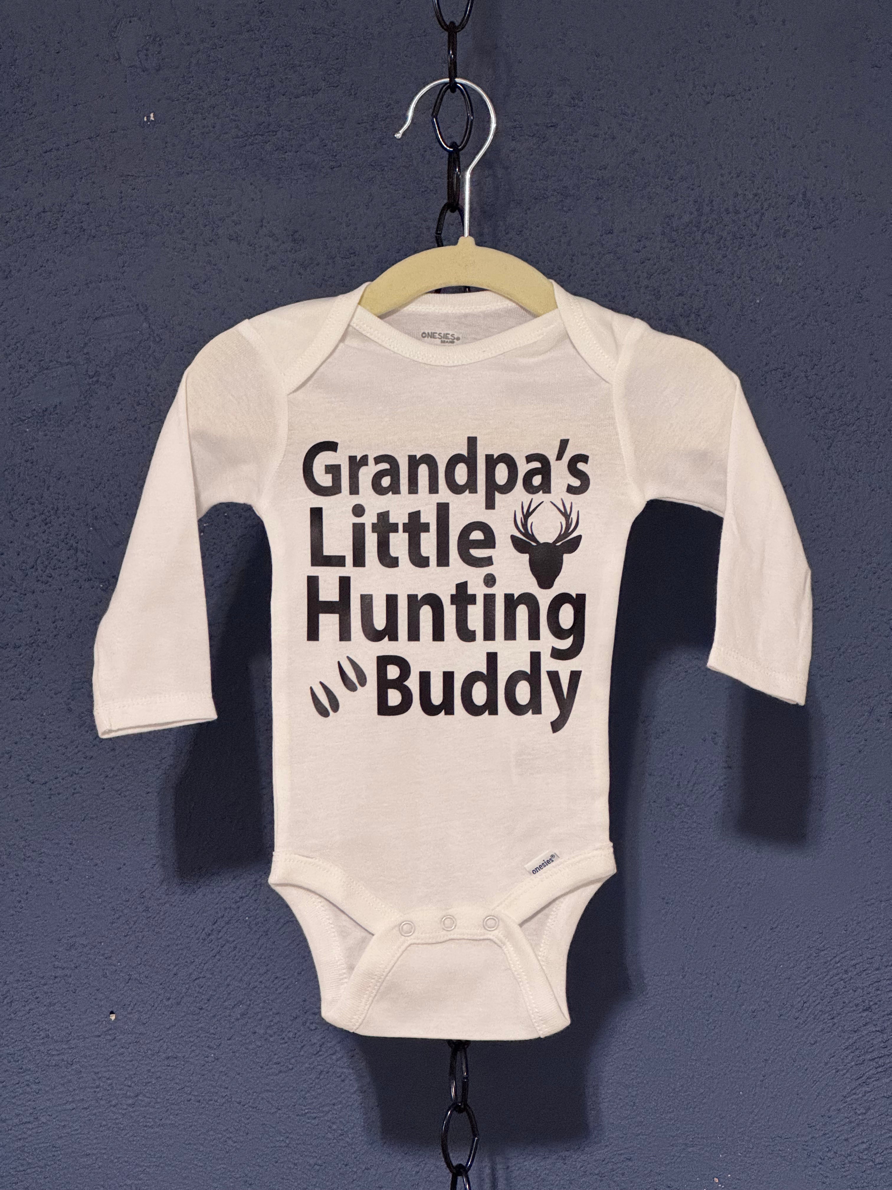 Grandpa’s Little Hunting Buddy Onesie – White 3-6 Month Infant – Cute Baby Graphic Onesie