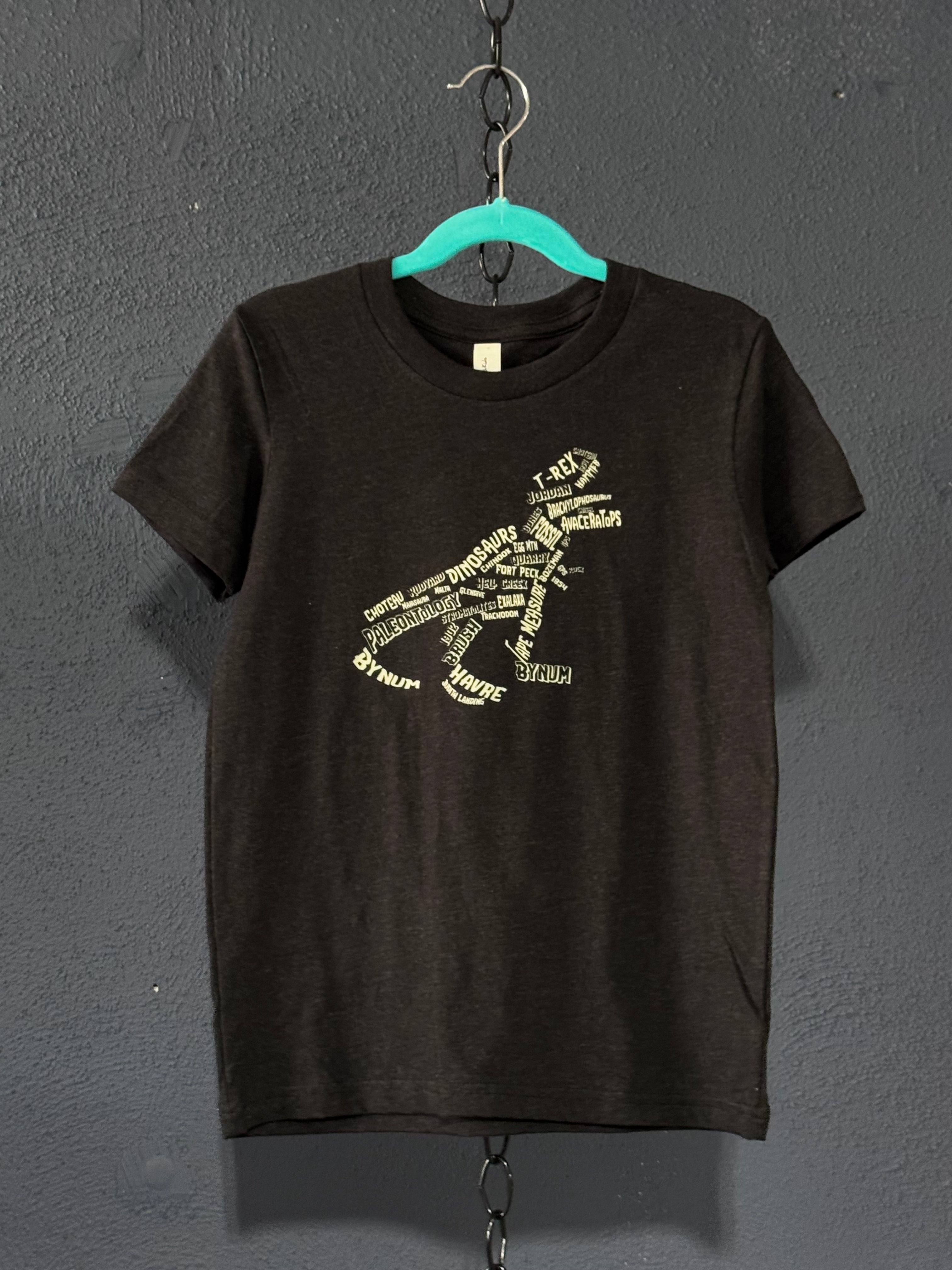Dinosaur Word Art Tee – Black Youth Small – T-Rex Graphic Kids T-Shirt