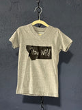 Stay Wild Montana Tee – Grey Youth XS – Cutout State Graphic Kids T-Shirt